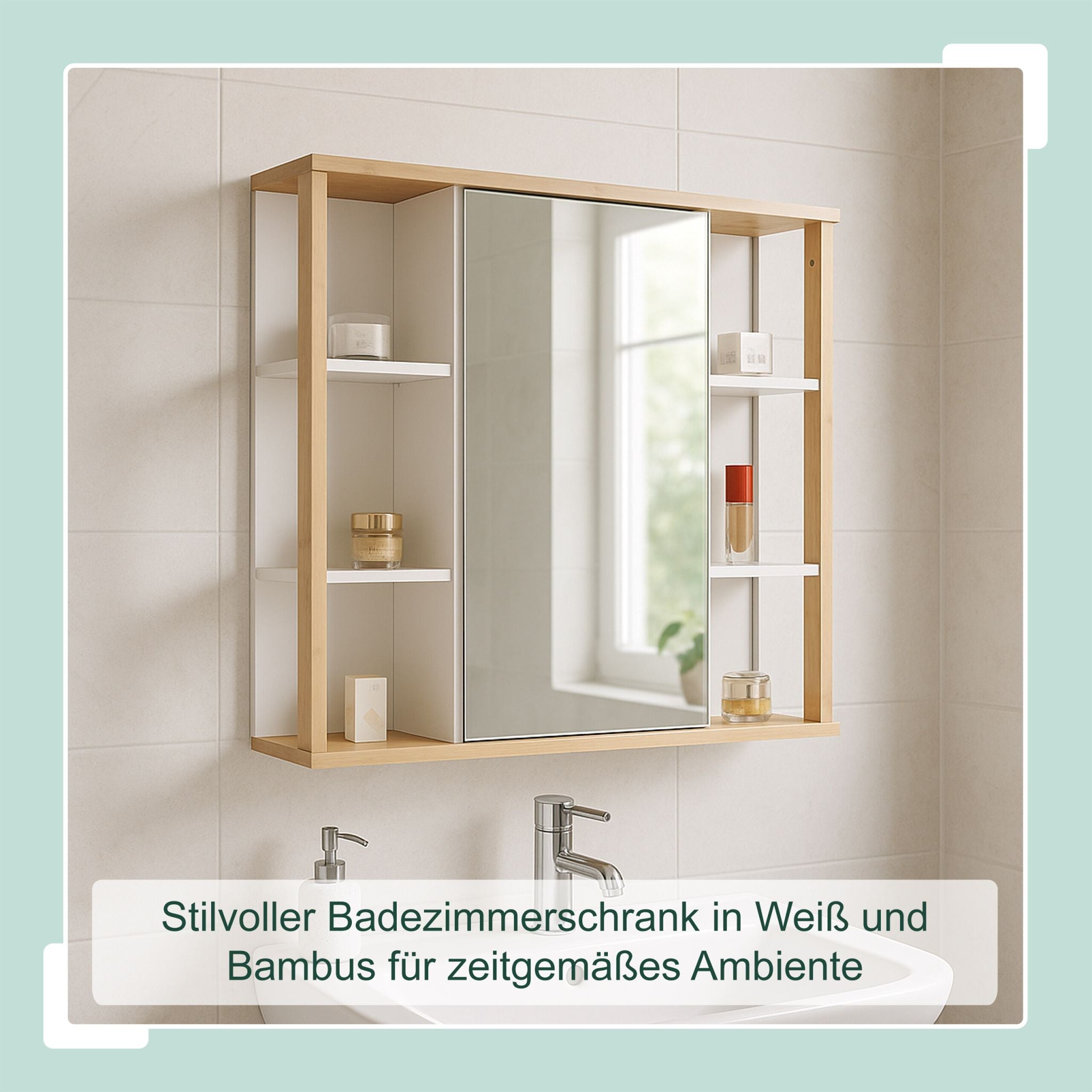 Spiegelschrank mit Bambus-Dekor Weiss-Hellbraun von Relaxdays