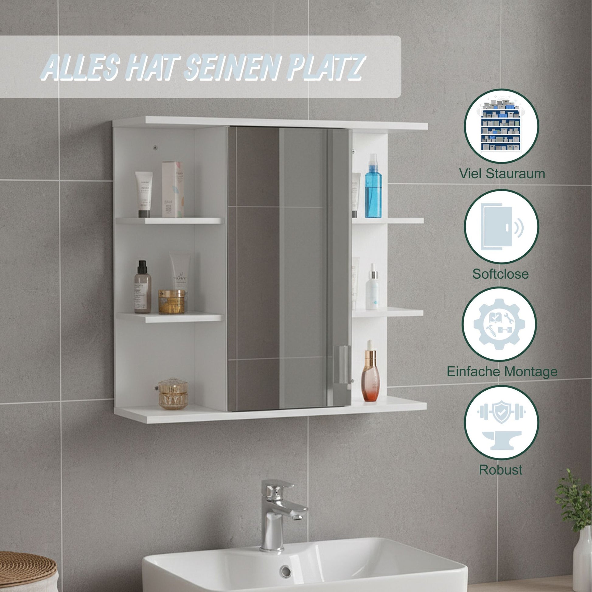 Spiegelschrank mit 8 Ablagen Weiss von Relaxdays