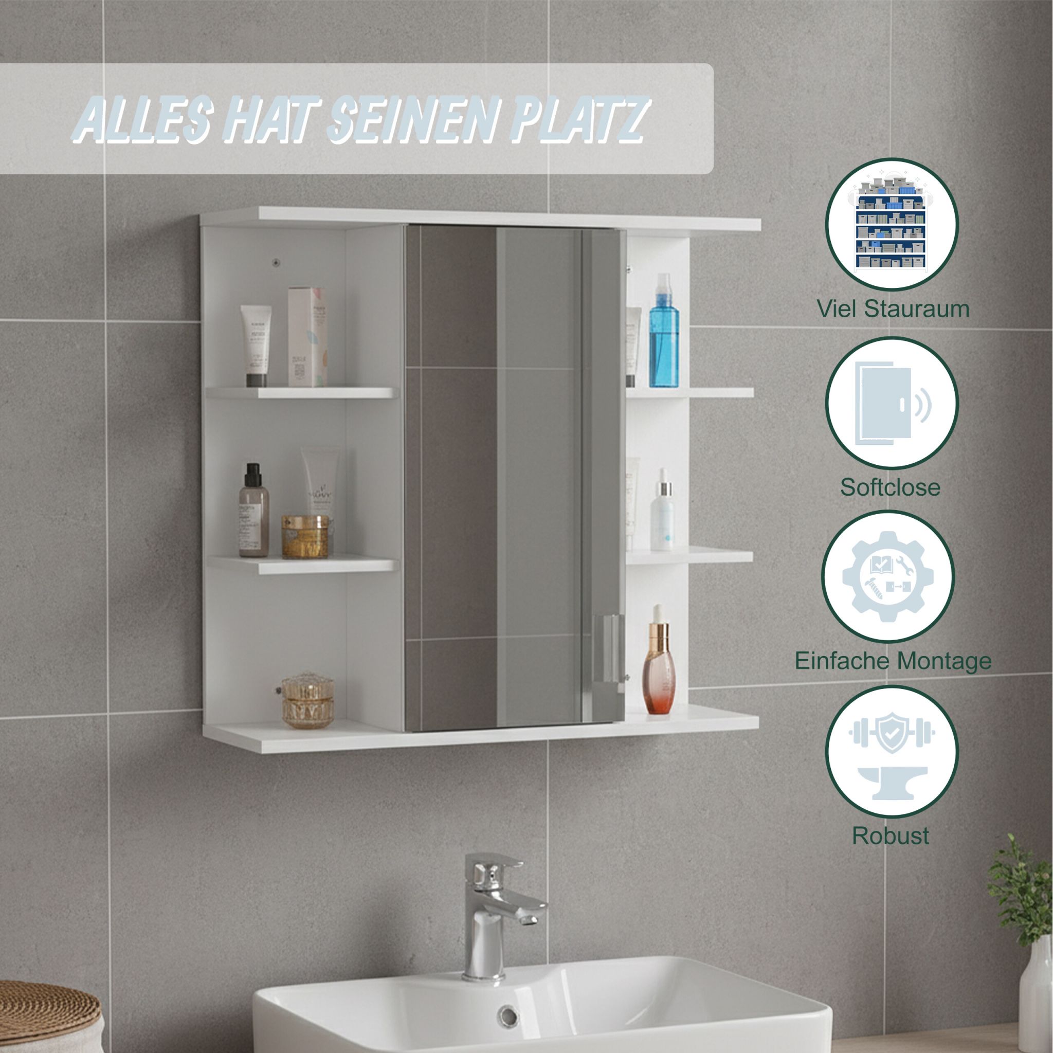 Spiegelschrank mit 8 Ablagen Weiss von Relaxdays
