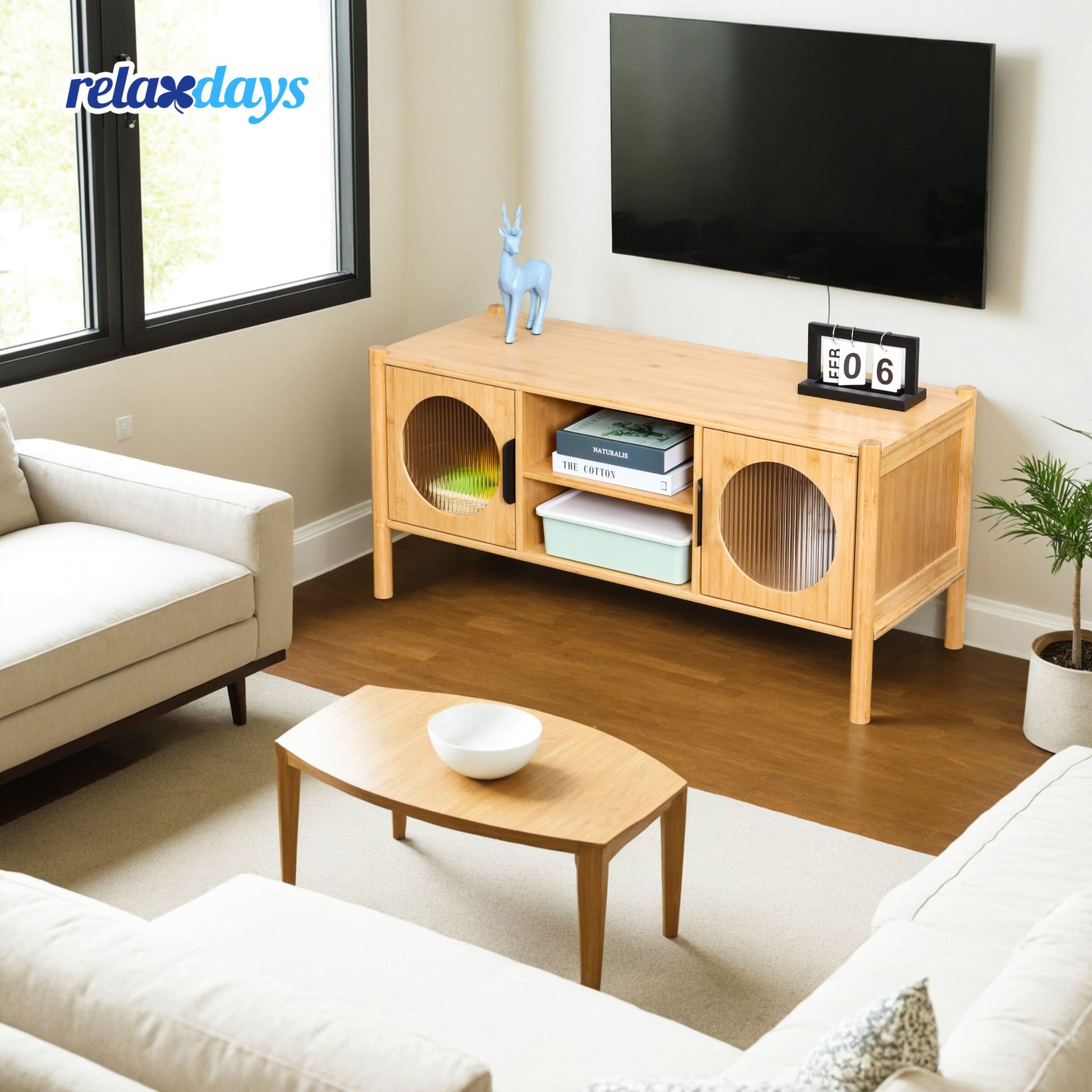 TV Lowboard mit 2 Türen Hellbraun von Relaxdays