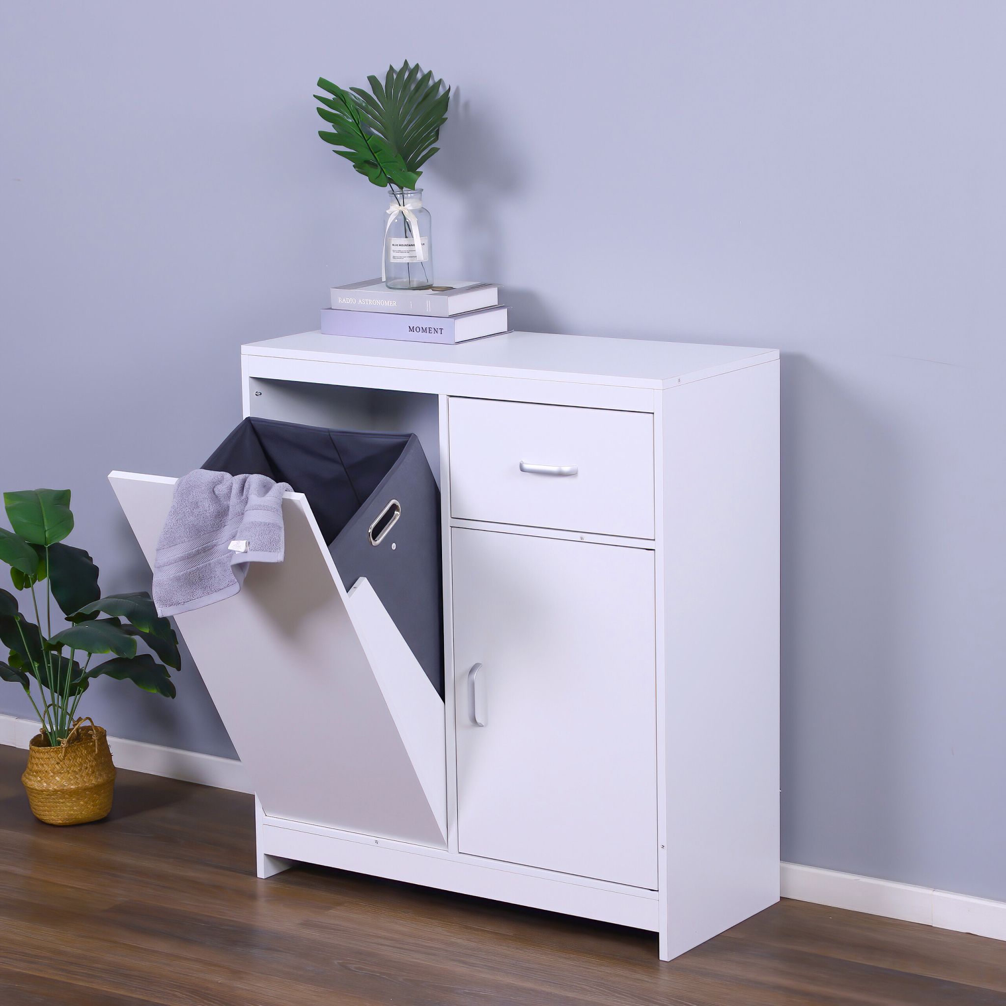 Wäscheschrank mit 48L Wäschesack Weiss-Grau von Relaxdays