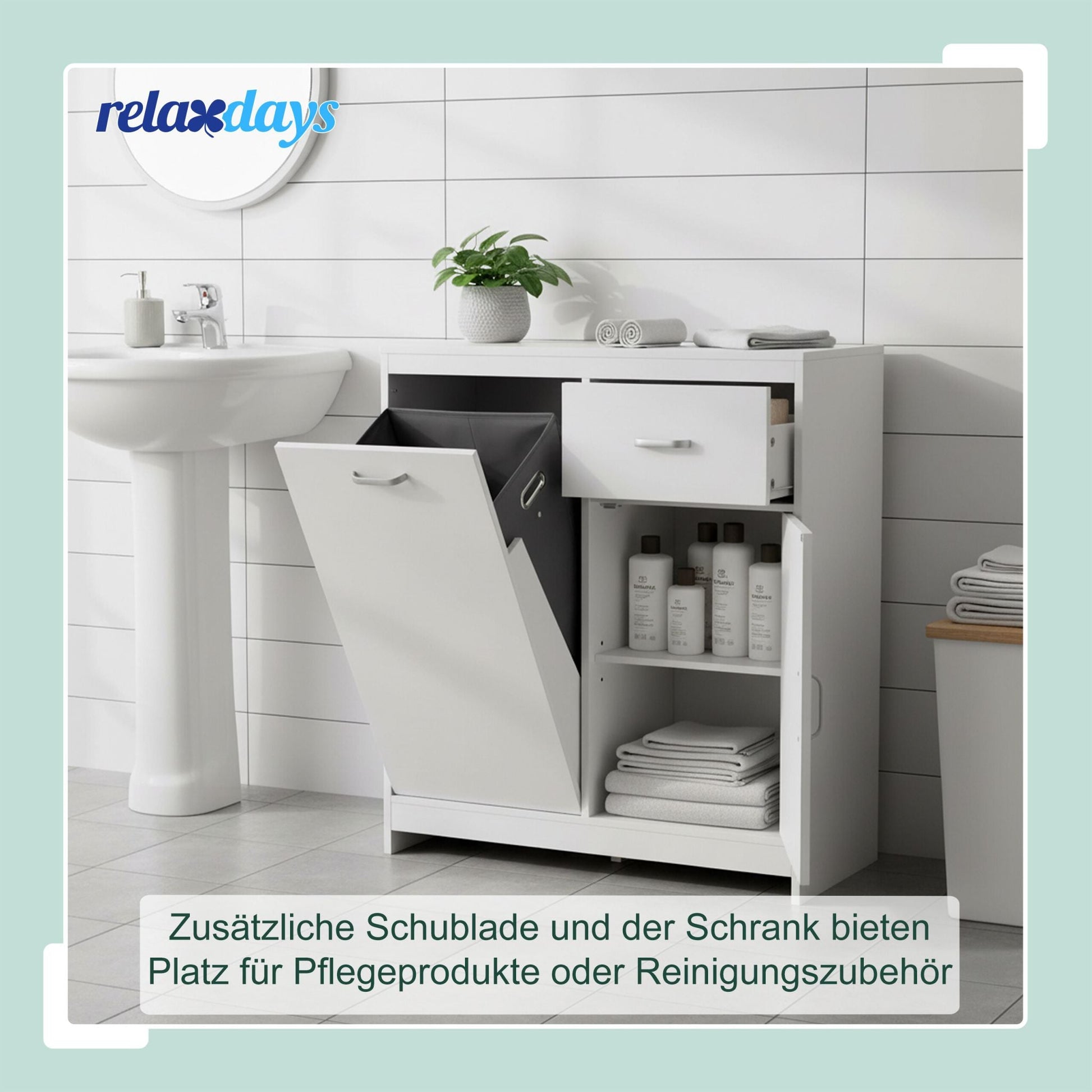 Wäscheschrank mit 48L Wäschesack Weiss-Grau von Relaxdays