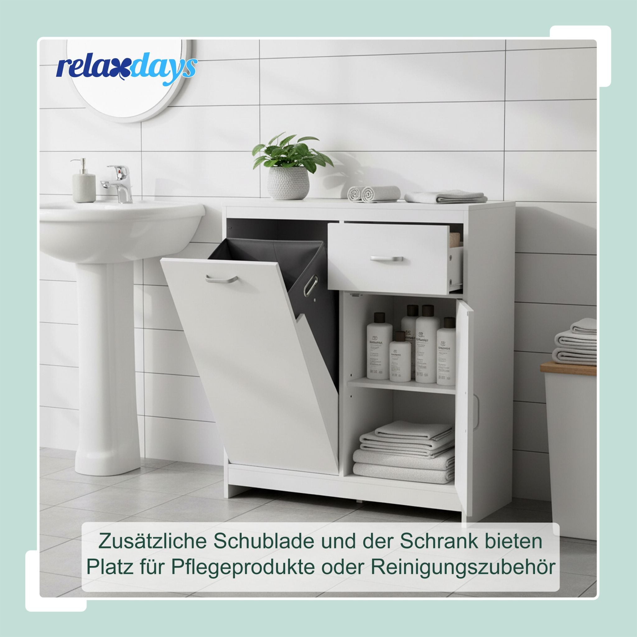 Wäscheschrank mit 48L Wäschesack Weiss-Grau von Relaxdays
