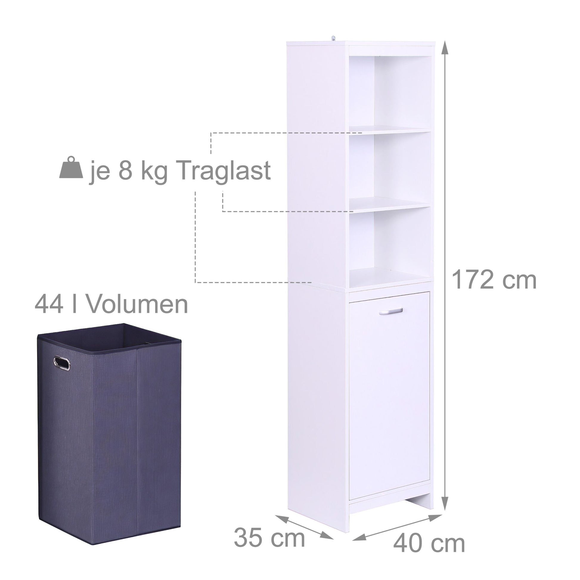 Wäscheschrank mit 44L Wäschesack Weiss-Grau von Relaxdays