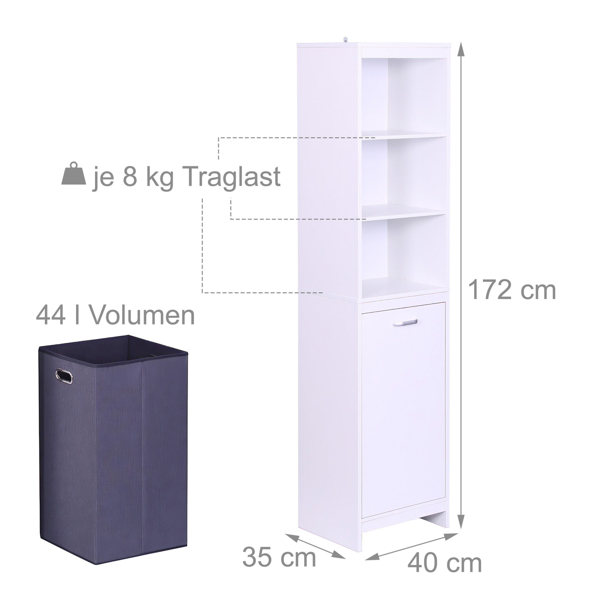 Wäscheschrank mit 44L Wäschesack Weiss-Grau von Relaxdays
