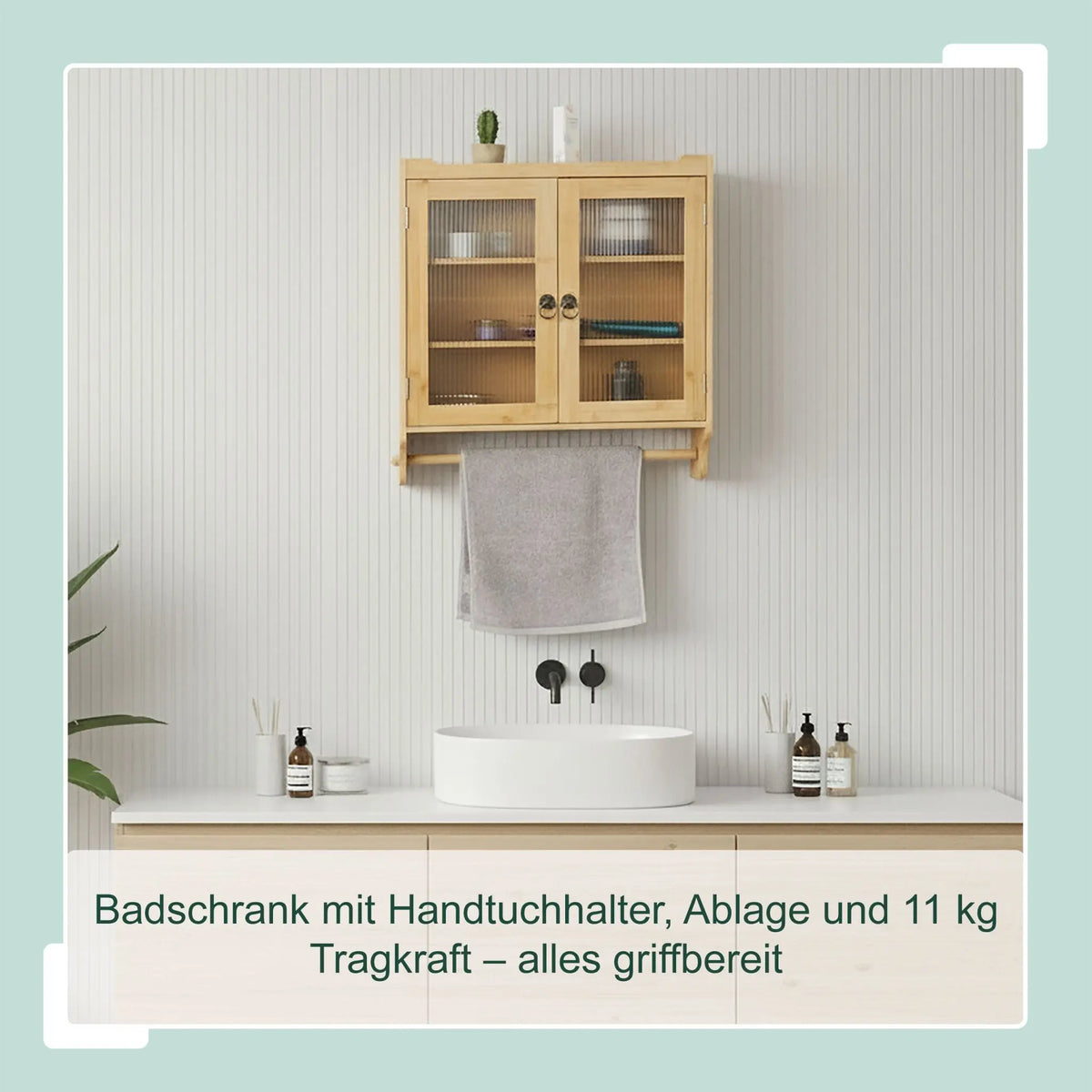 Hängeschrank mit Handtuchhalter Bambus Hellbraun-Transparent von Relaxdays