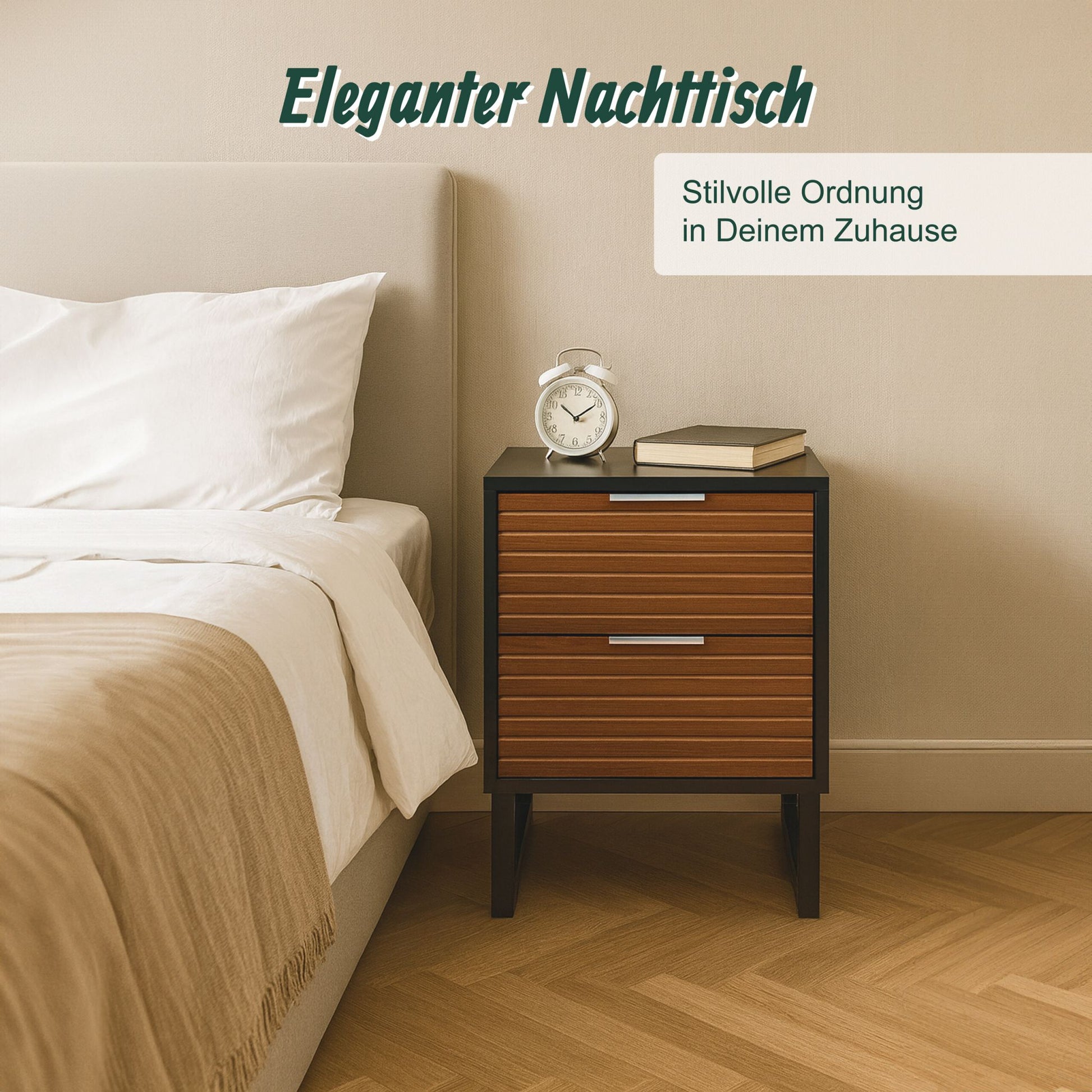 Nachttisch mit 2 Schubladen Braun-Schwarz-Silber von Relaxdays