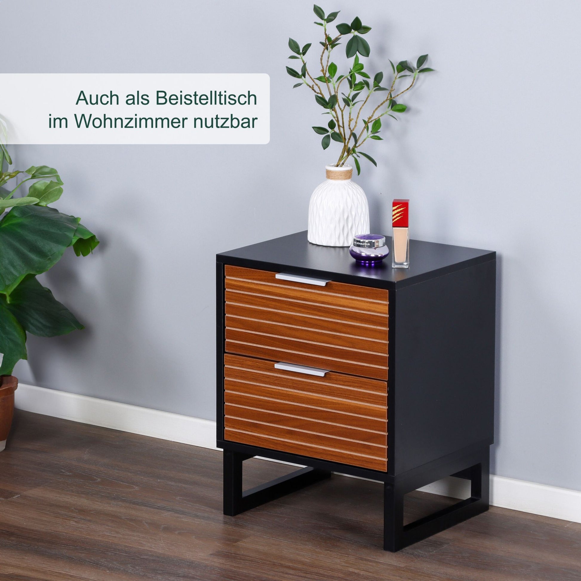 Nachttisch mit 2 Schubladen Braun-Schwarz-Silber von Relaxdays