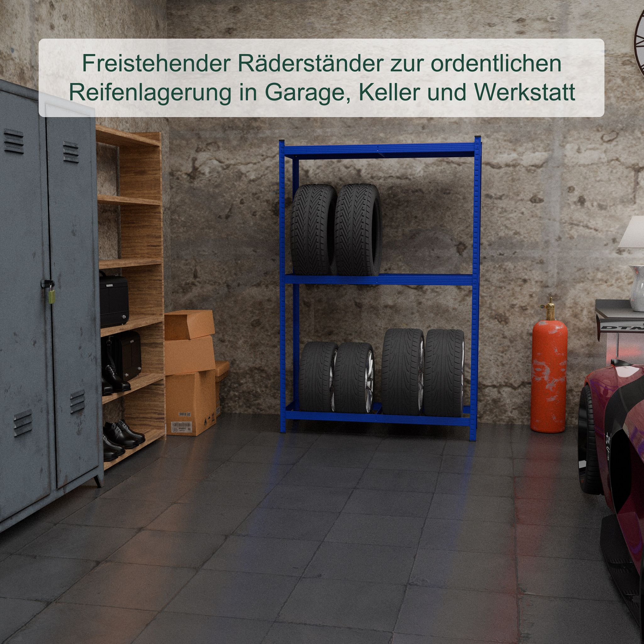 Reifenregal für 8 Reifen Blau-Hellbraun-Schwarz von Relaxdays