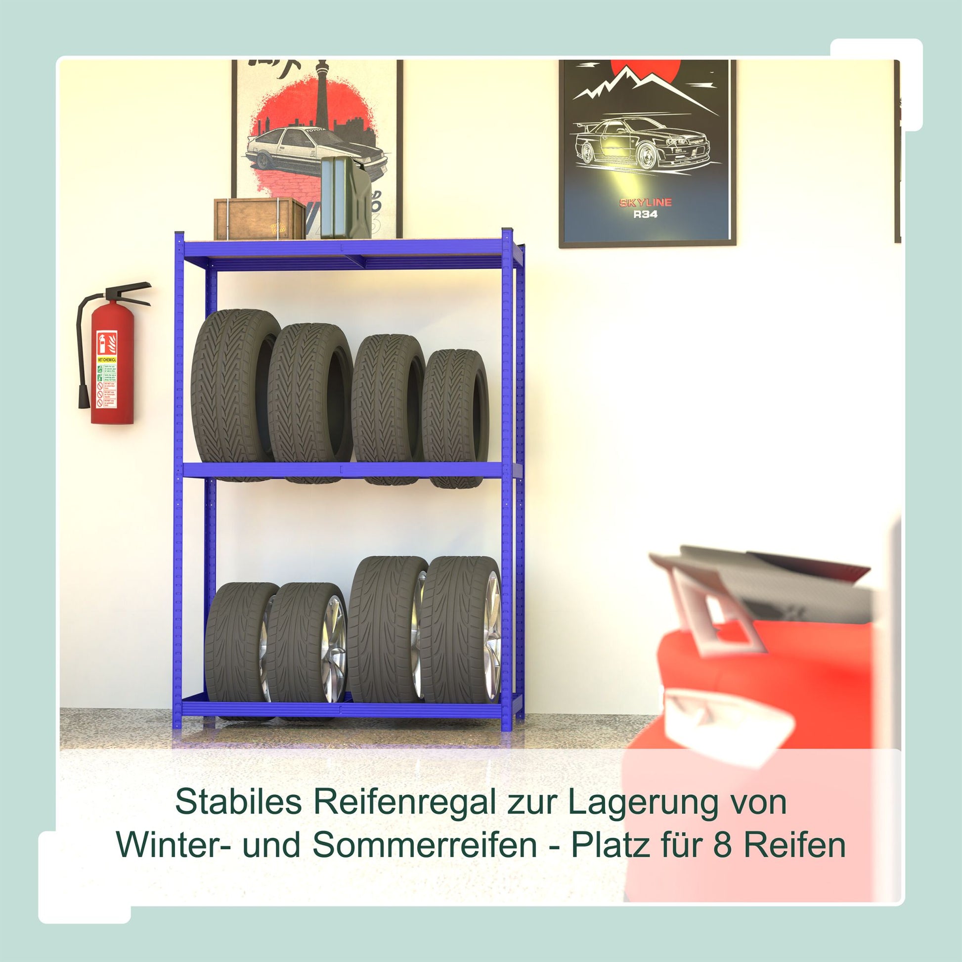 Reifenregal für 8 Reifen Blau-Hellbraun-Schwarz von Relaxdays