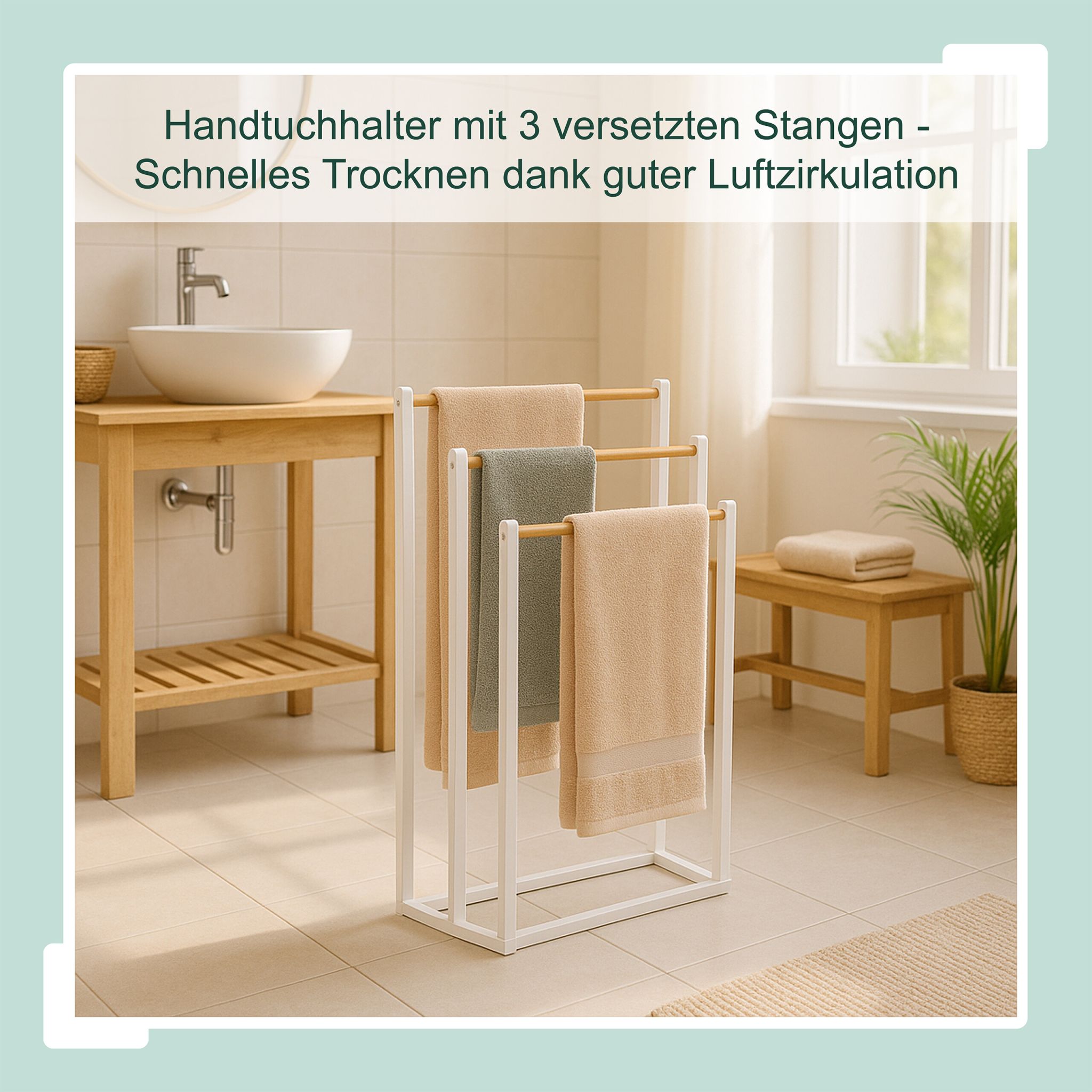 Handtuchständer mit 3 Stangen Weiss-Hellbraun von Relaxdays