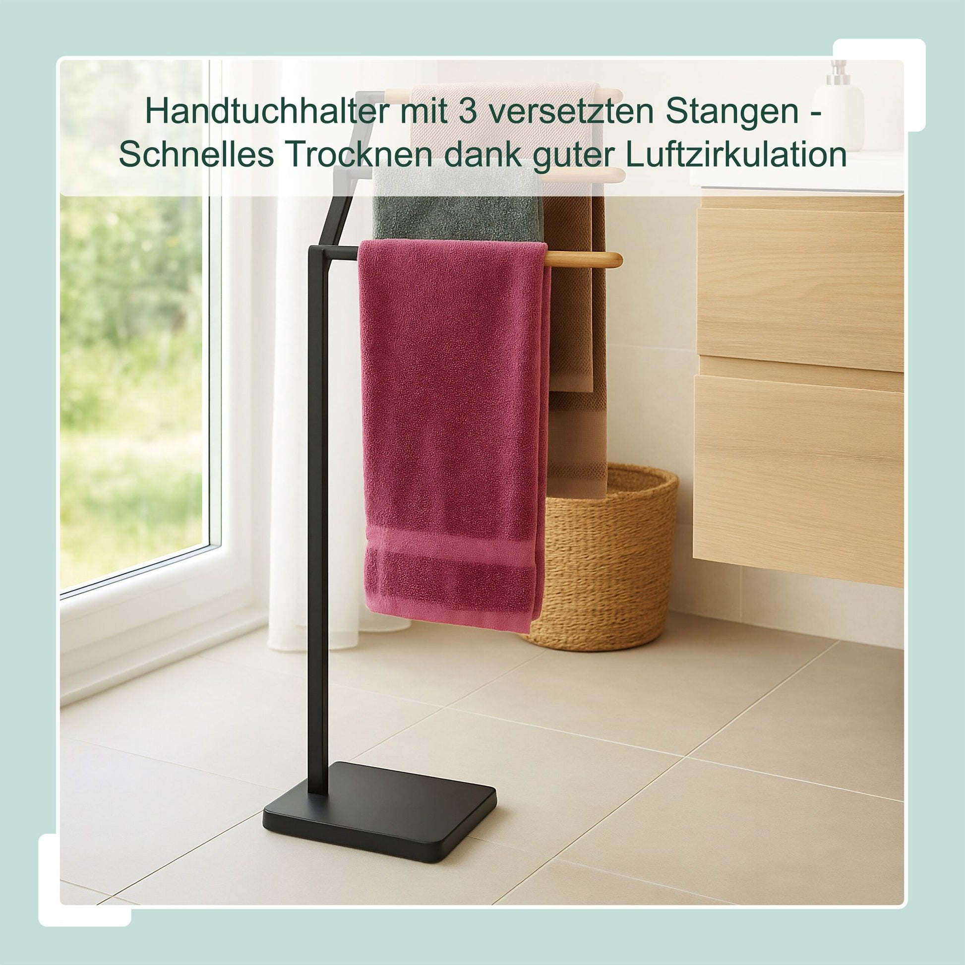 Handtuchständer mit 3 Stangen Hellbraun-Schwarz von Relaxdays
