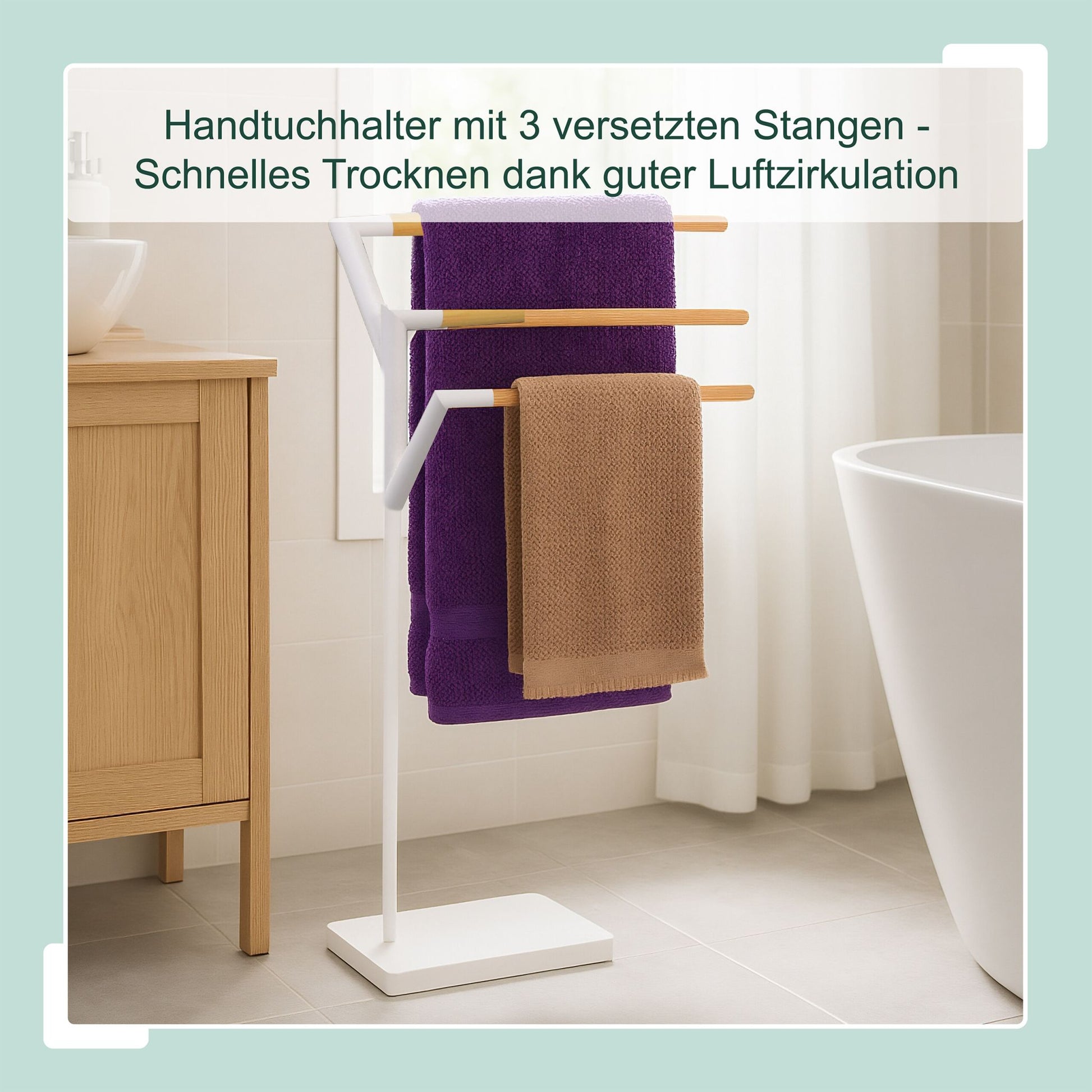 Handtuchständer mit 3 Stangen Weiss-Hellbraun von Relaxdays