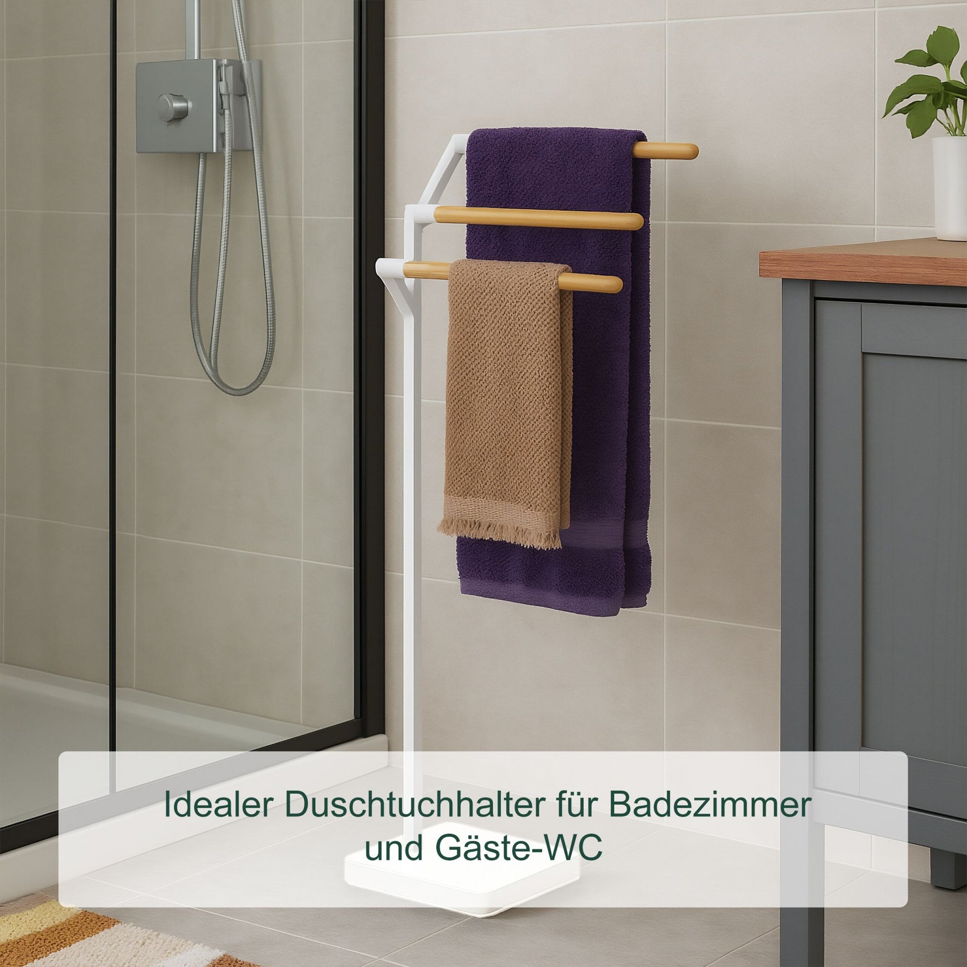 Handtuchständer mit 3 Stangen Weiss-Hellbraun von Relaxdays
