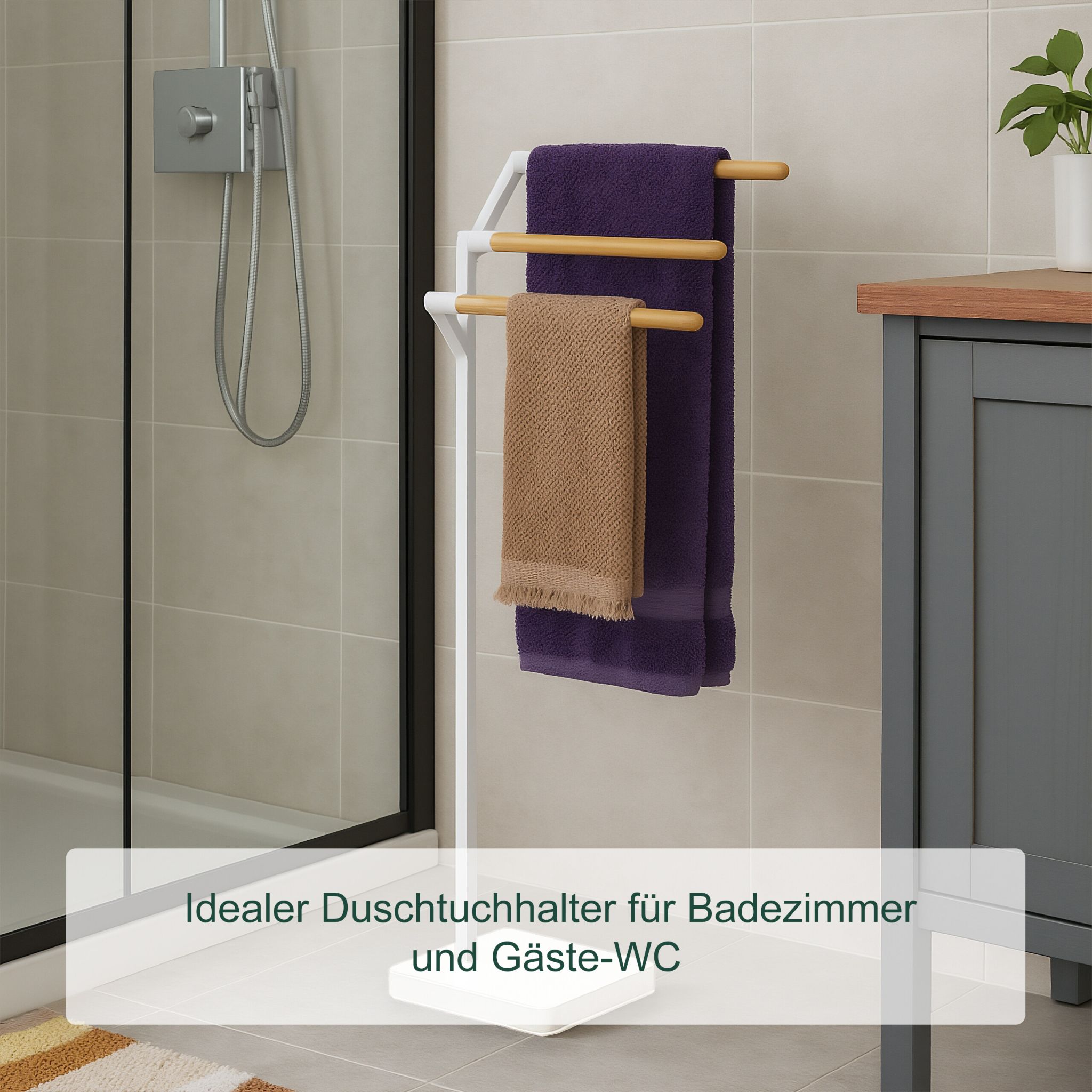 Handtuchständer mit 3 Stangen Weiss-Hellbraun von Relaxdays