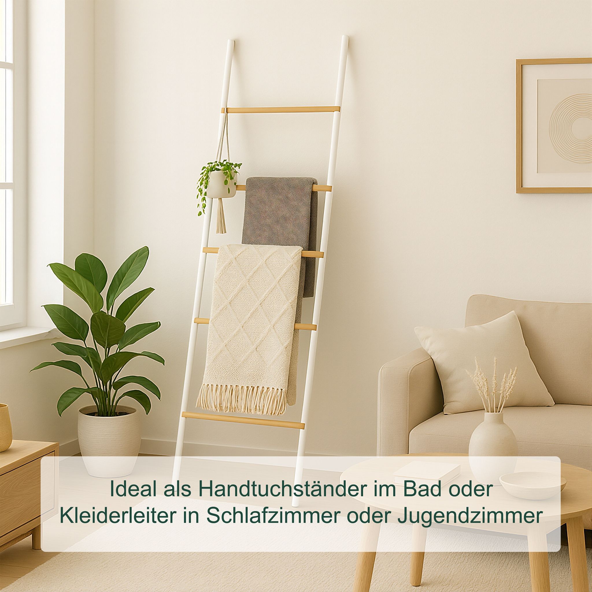 Handtuchleiter Bambus und Eisen Weiss-Hellbraun von Relaxdays