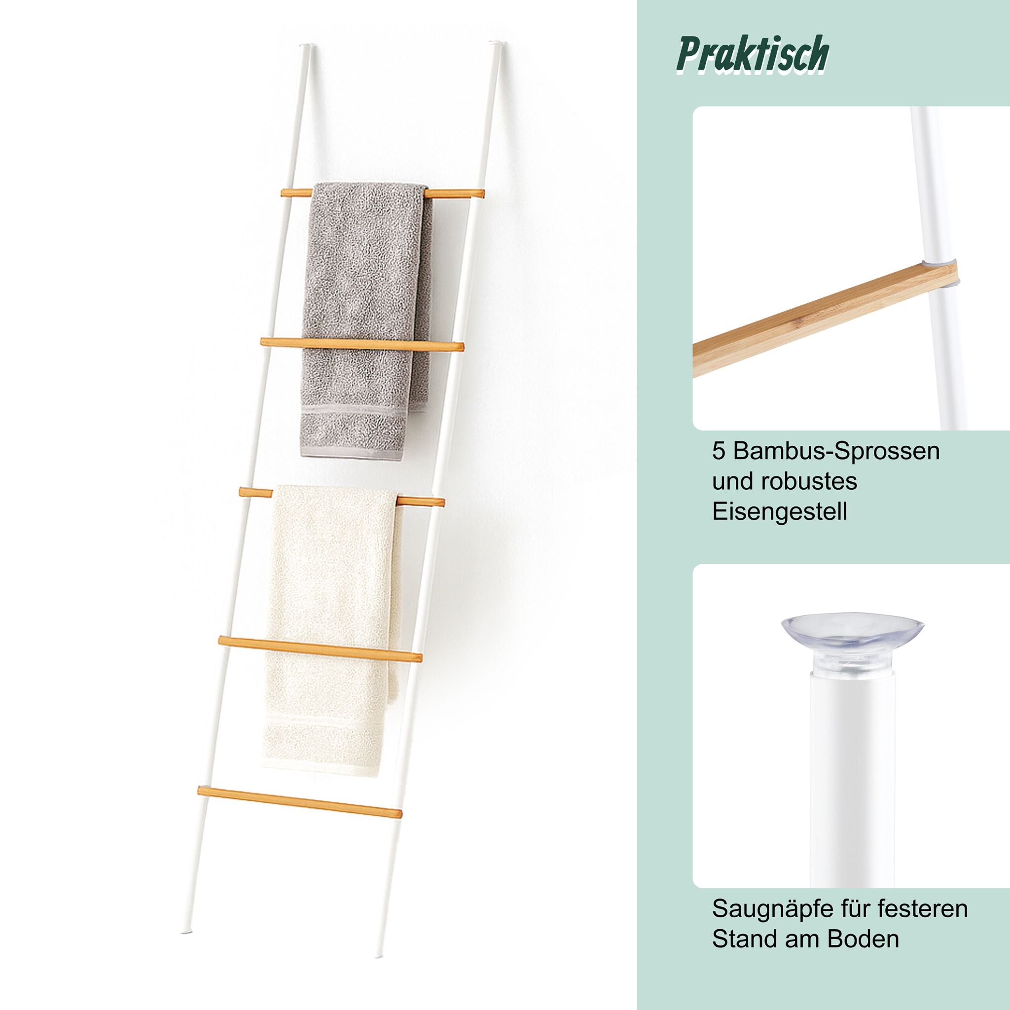 Handtuchleiter Bambus und Eisen Weiss-Hellbraun von Relaxdays