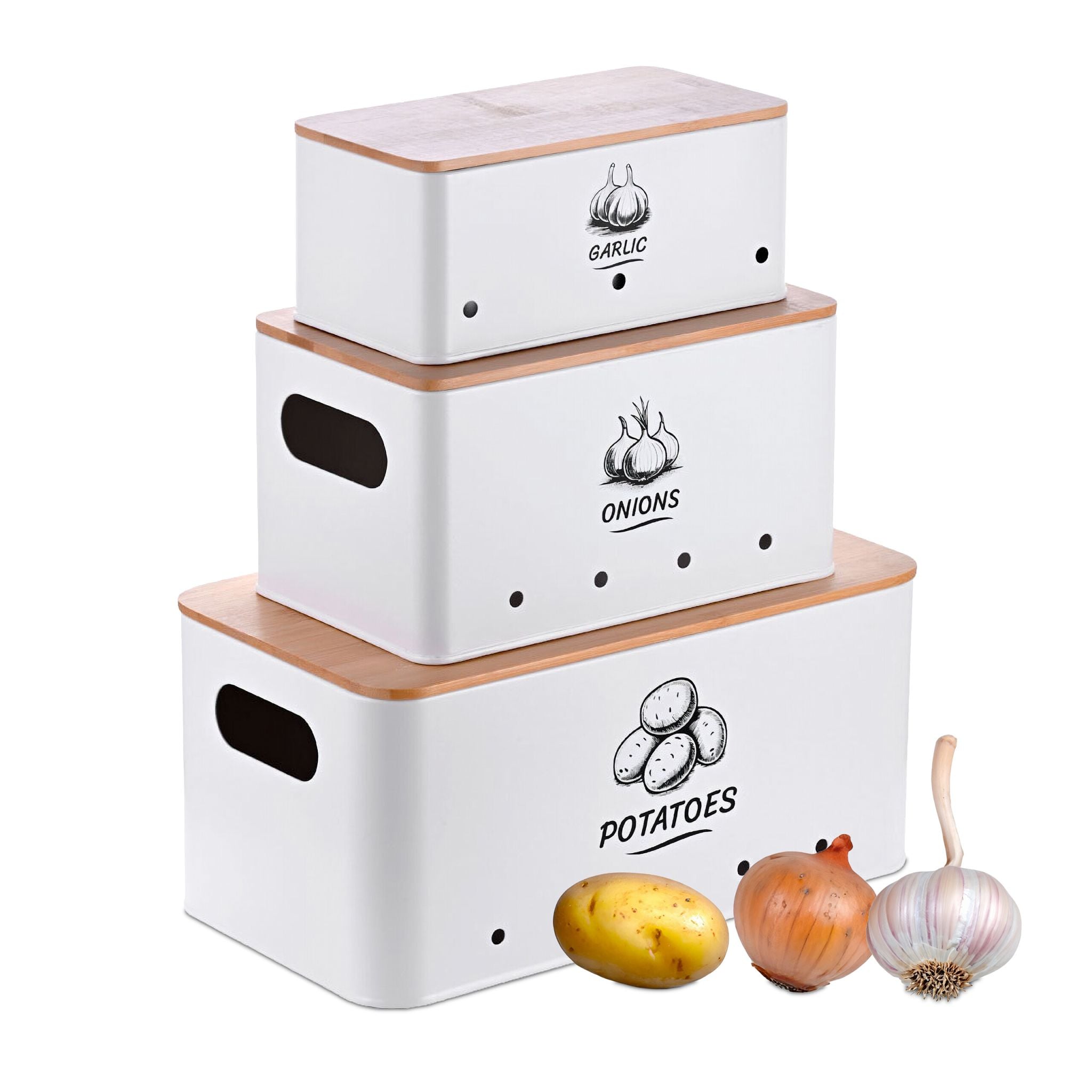 Aufbewahrungsbox 3er-Set Bambusdeckel Weiss-Hellbraun von Relaxdays