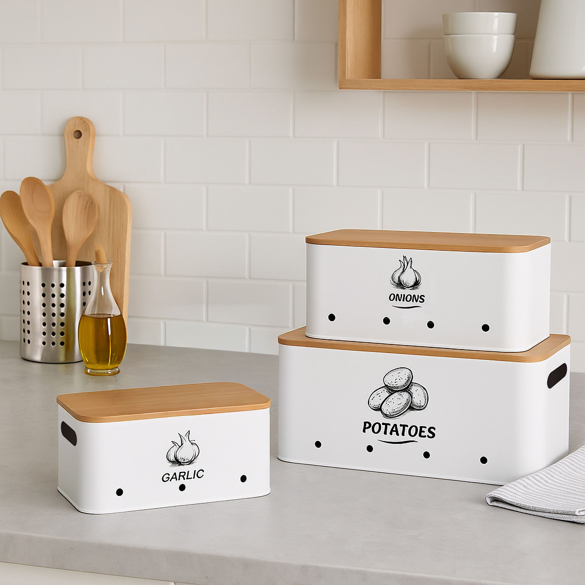 Aufbewahrungsbox 3er-Set Bambusdeckel Weiss-Hellbraun von Relaxdays