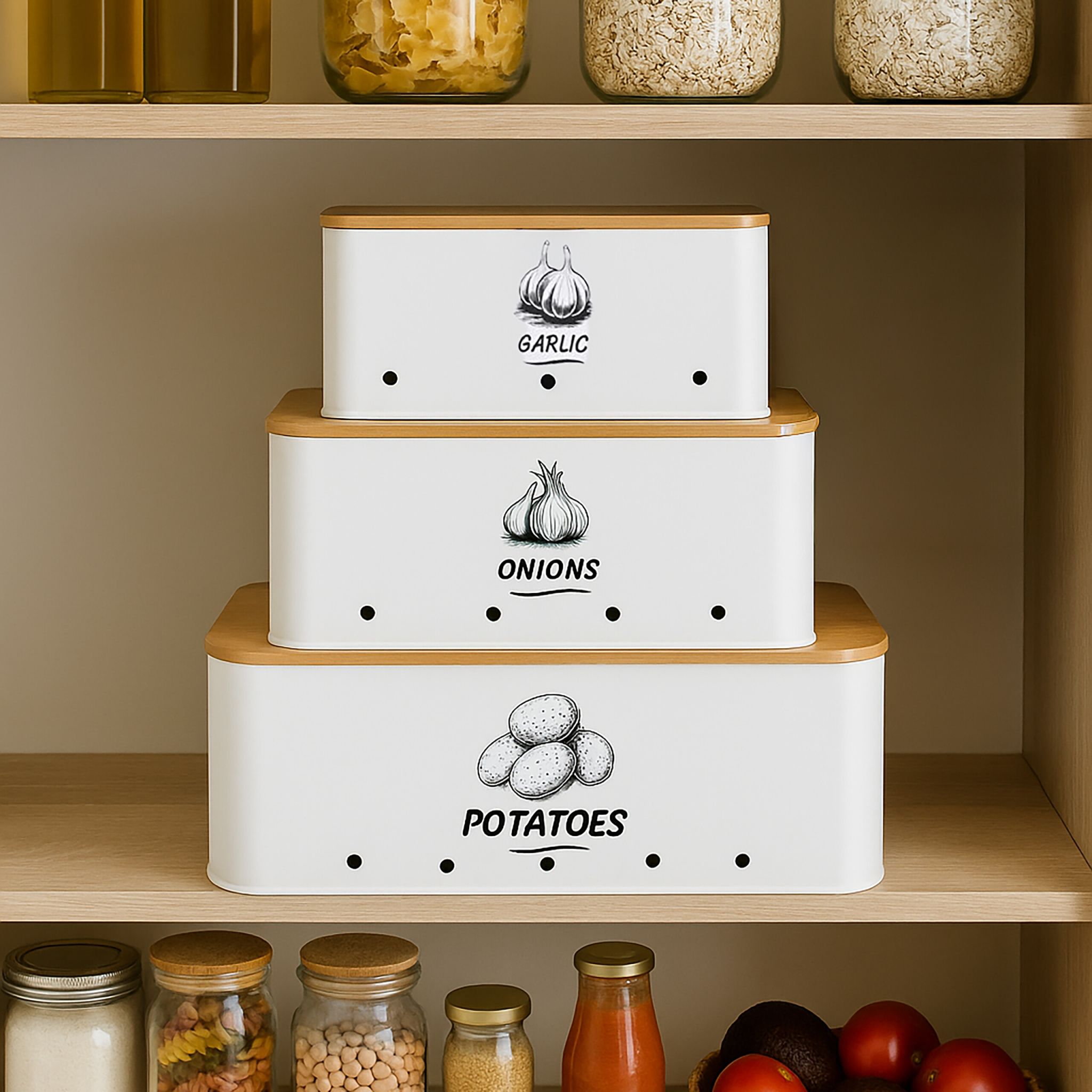 Aufbewahrungsbox 3er-Set Bambusdeckel Weiss-Hellbraun von Relaxdays