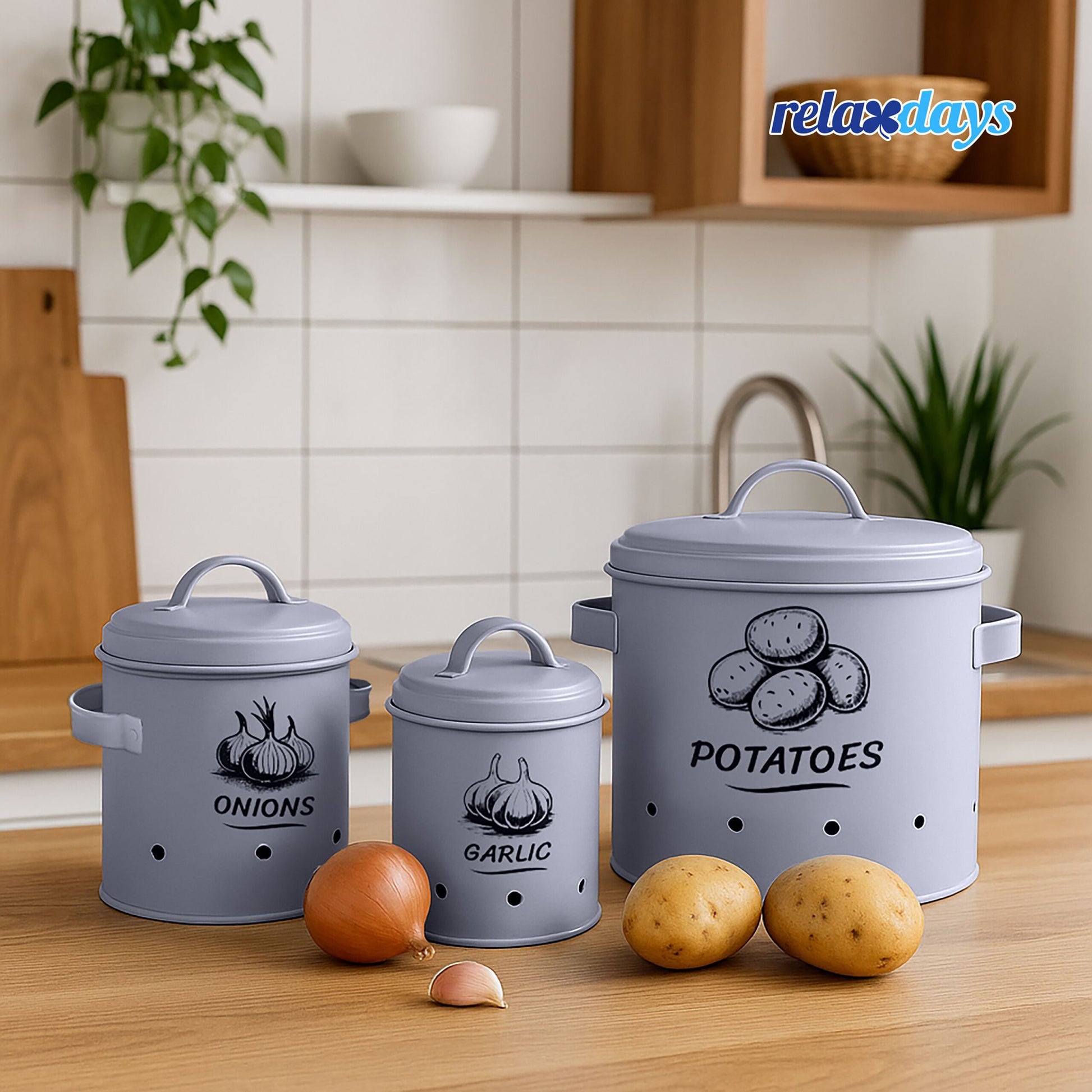 Kartoffel Aufbewahrungsbox 3er-Set Schwarz-Grau von Relaxdays