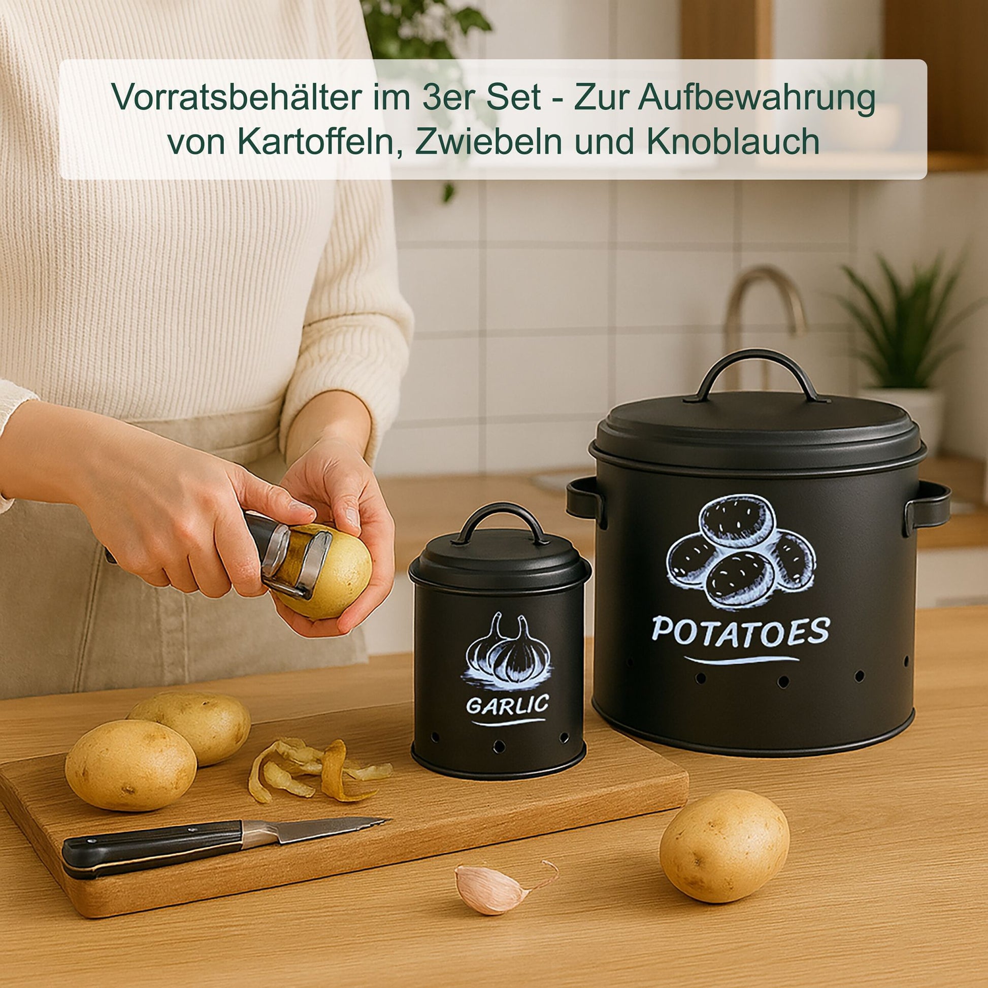 Kartoffel Aufbewahrungsbox 3er-Set Weiss-Schwarz von Relaxdays