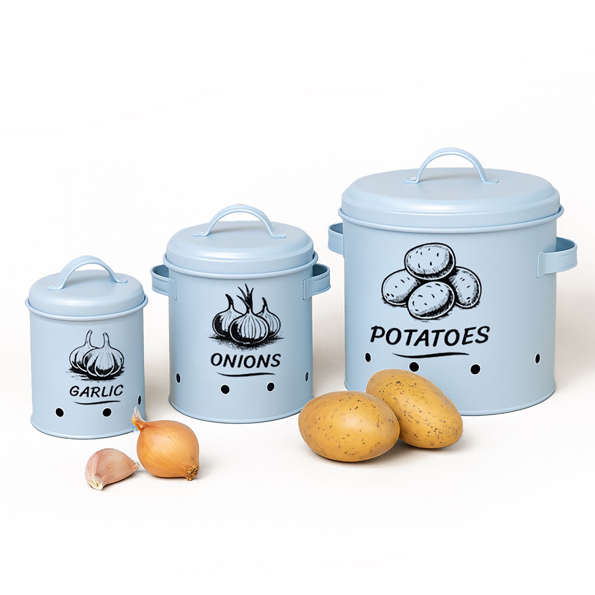 Kartoffel Aufbewahrungsbox 3er-Set Hellblau-Schwarz von Relaxdays