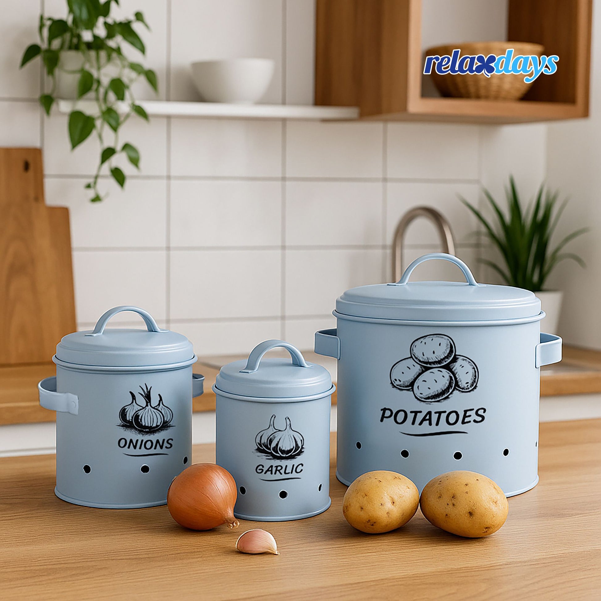 Kartoffel Aufbewahrungsbox 3er-Set Hellblau-Schwarz von Relaxdays