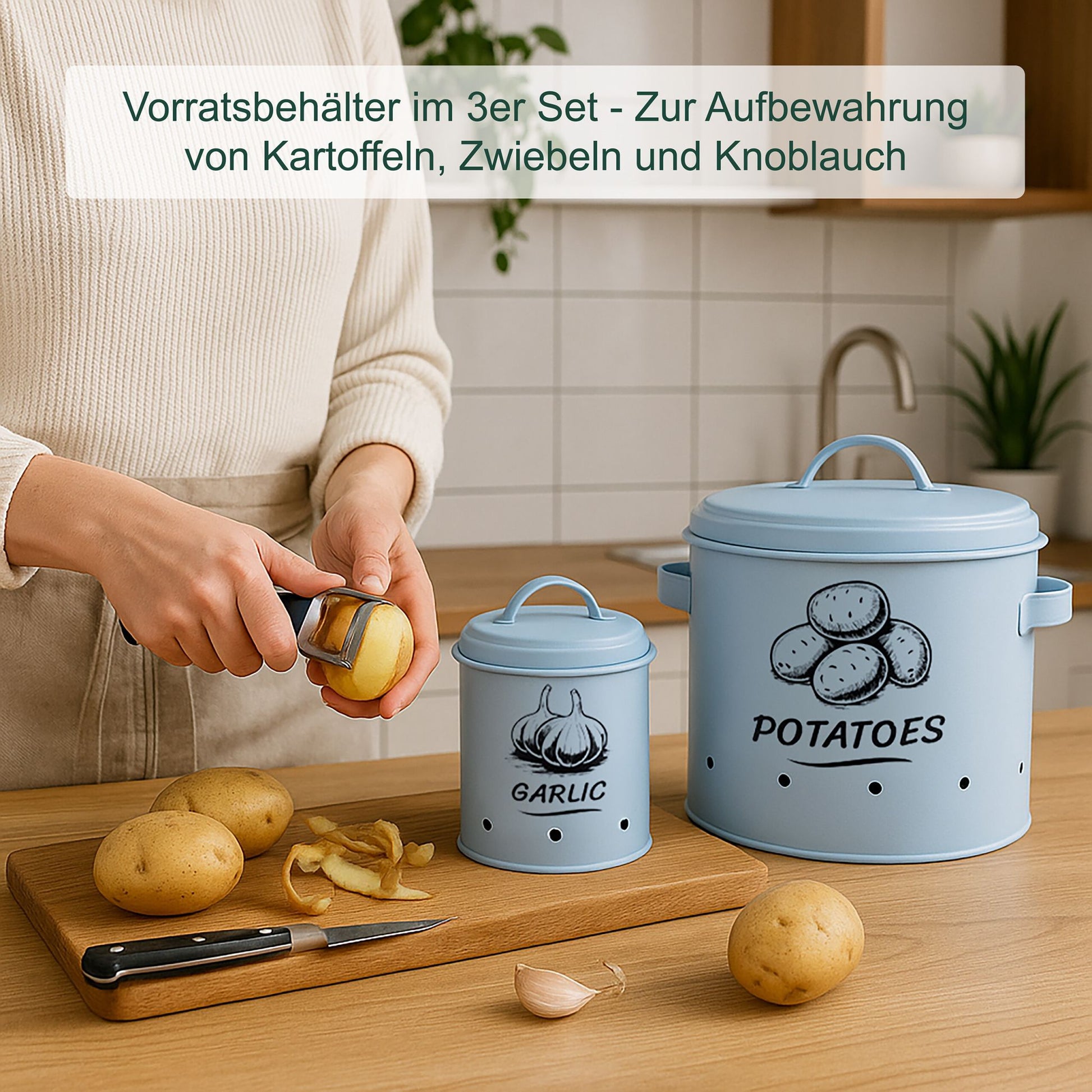 Kartoffel Aufbewahrungsbox 3er-Set Hellblau-Schwarz von Relaxdays