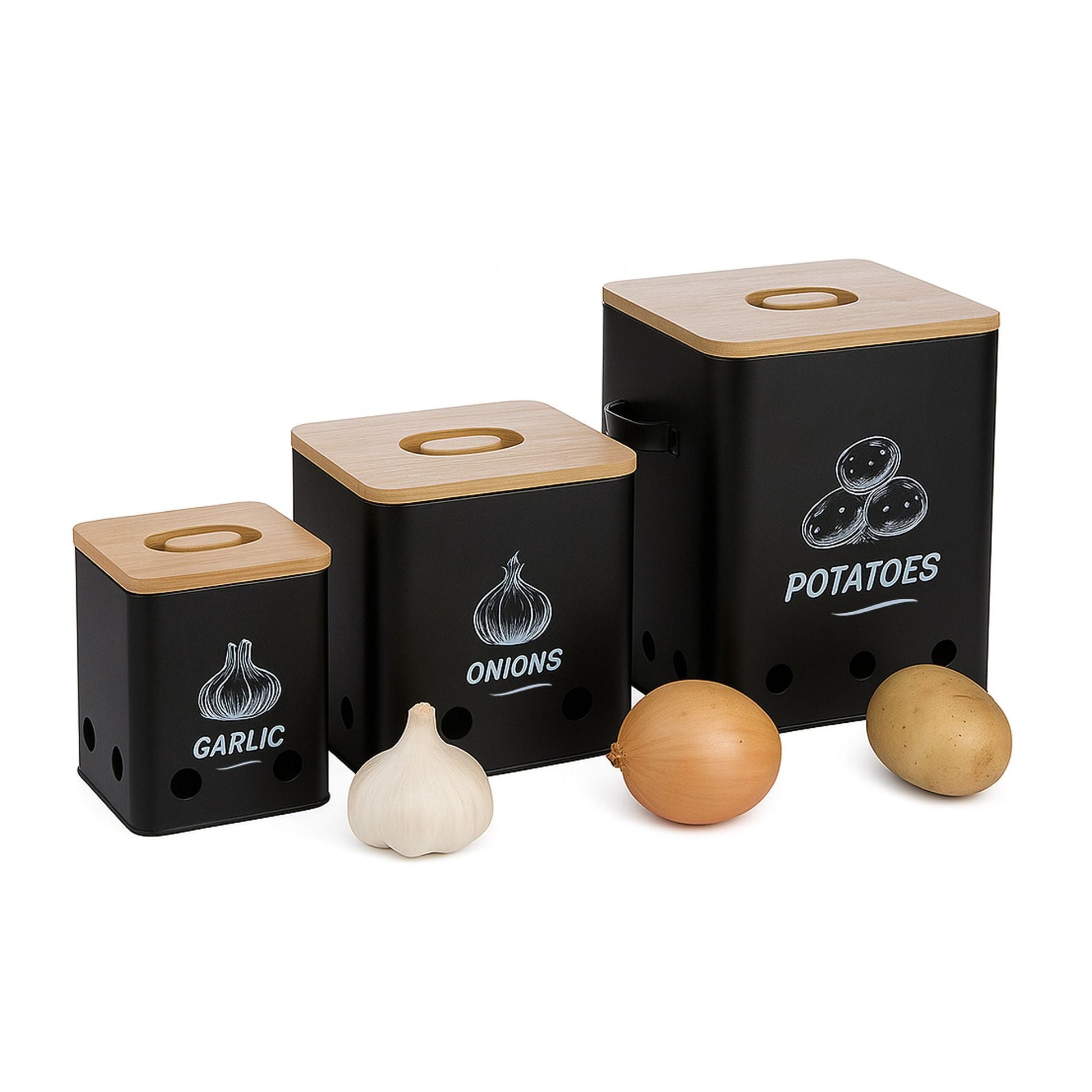 Kartoffel Aufbewahrungsbox 3er-Set Hellbraun-Schwarz von Relaxdays