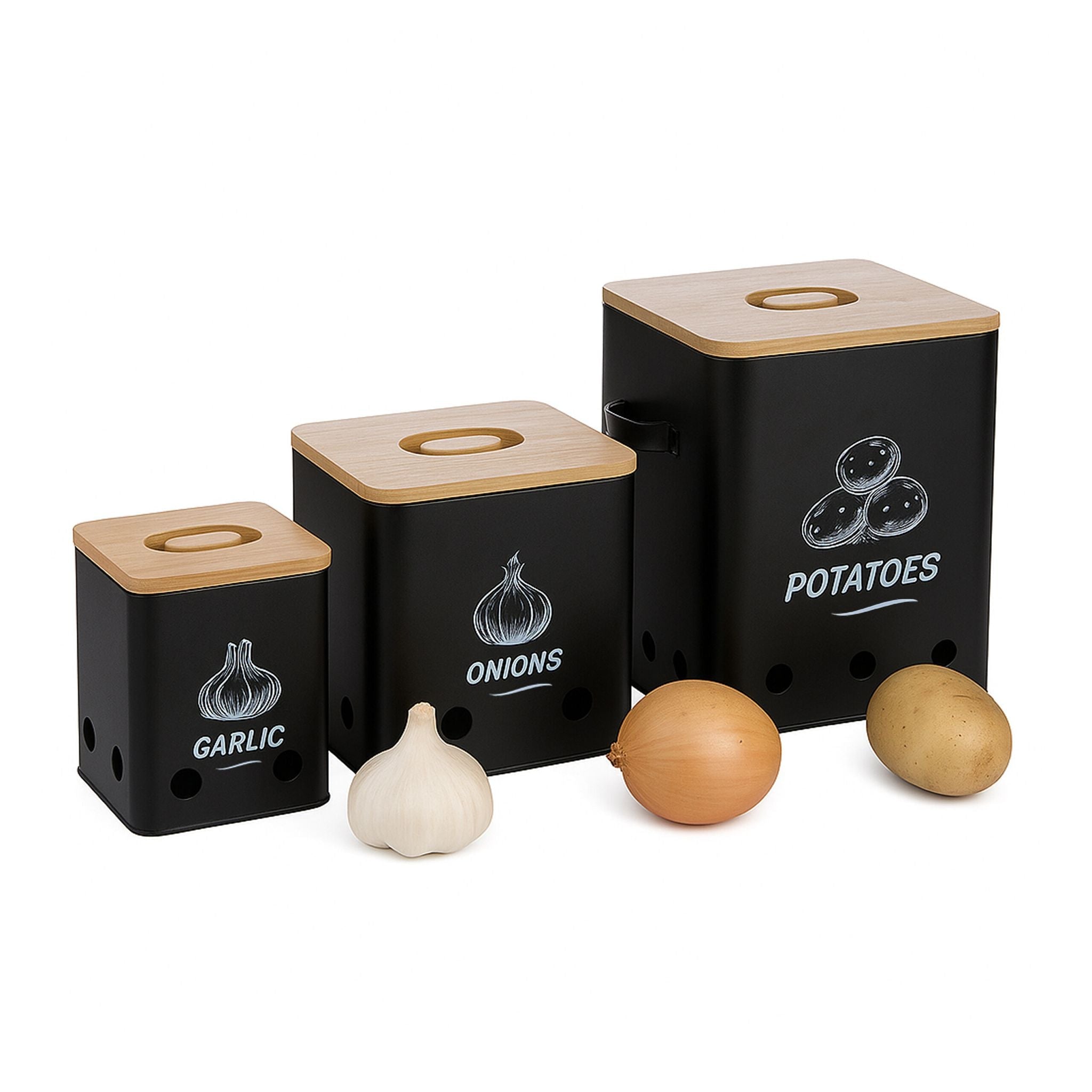 Kartoffel Aufbewahrungsbox 3er-Set Hellbraun-Schwarz von Relaxdays