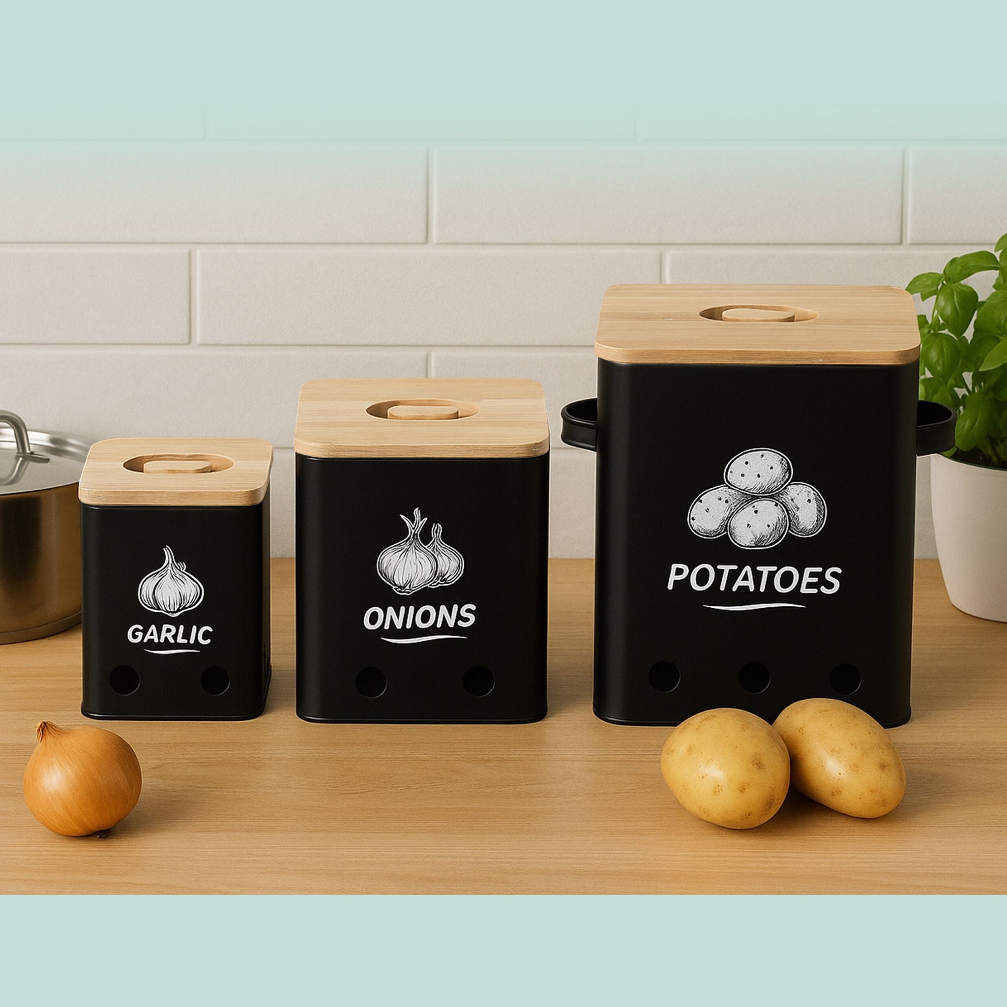 Kartoffel Aufbewahrungsbox 3er-Set Hellbraun-Schwarz von Relaxdays