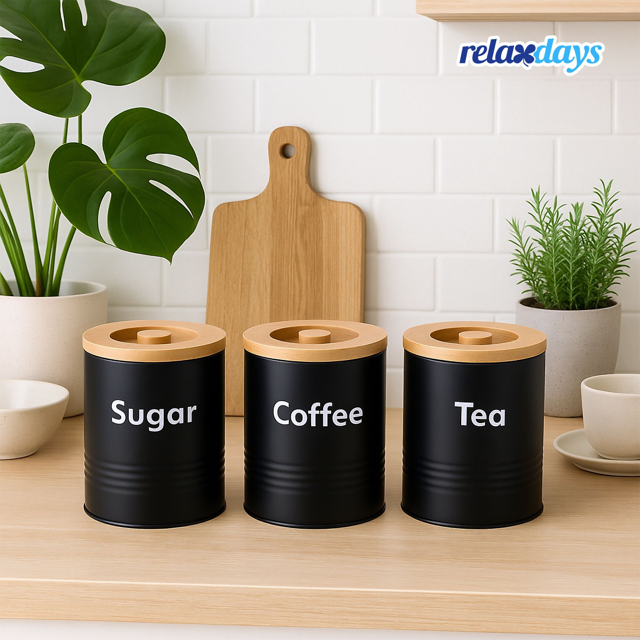 Vorratsdosen 3er-Set Kaffee Tee Zucker Weiss-Hellbraun-Schwarz von Relaxdays