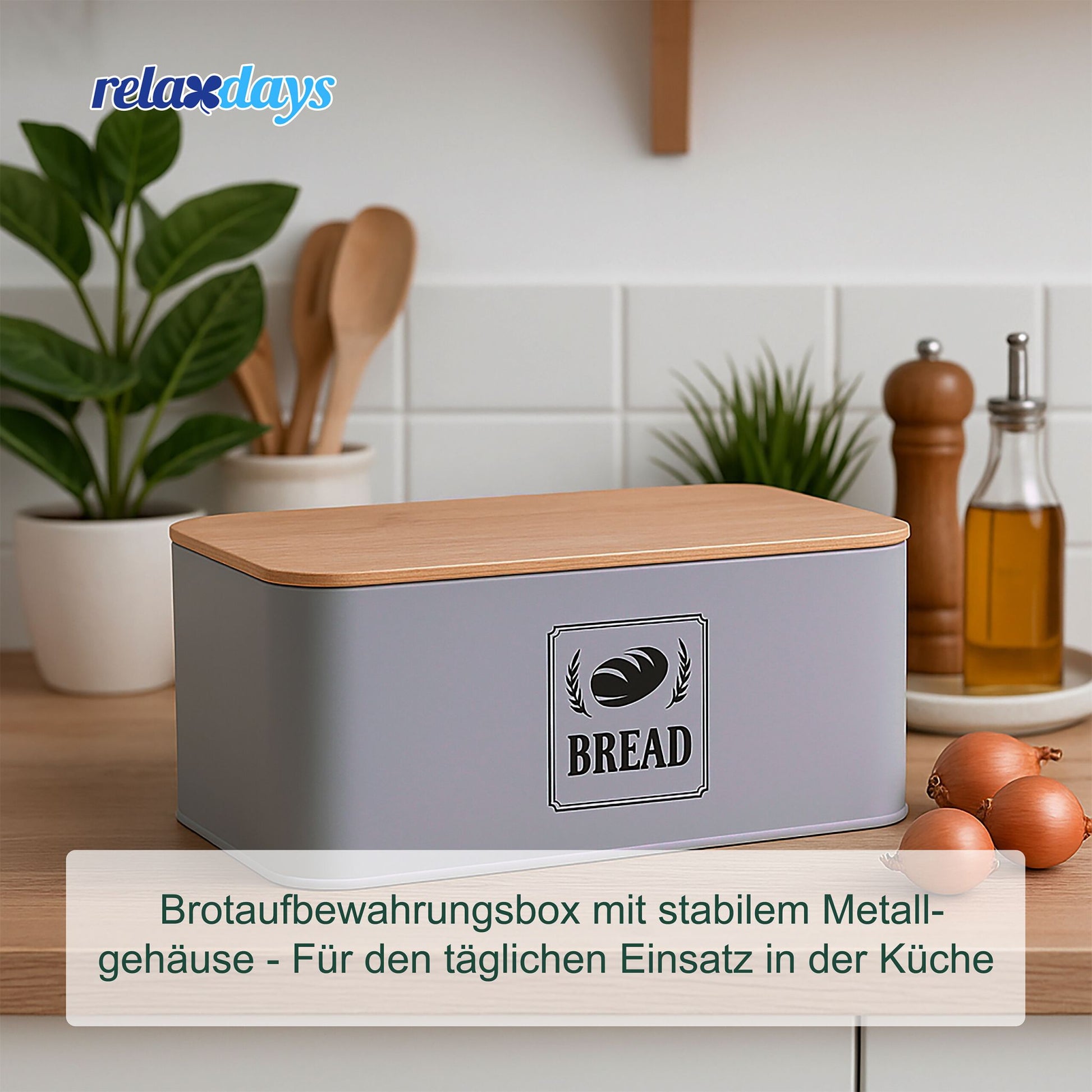 Brotkasten mit Bambusdeckel Retro-Design Hellbraun-Schwarz-Grau von Relaxdays