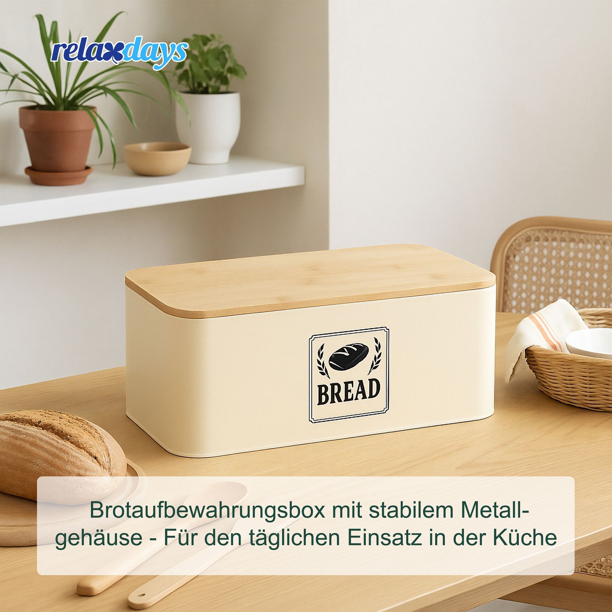 Brotkasten mit Bambusdeckel Retro-Design Beige-Hellbraun-Schwarz von Relaxdays