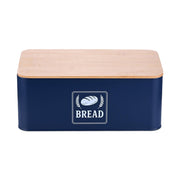 Brotkasten mit Bambusdeckel Retro-Design Weiss-Dunkelblau-Hellbraun von Relaxdays