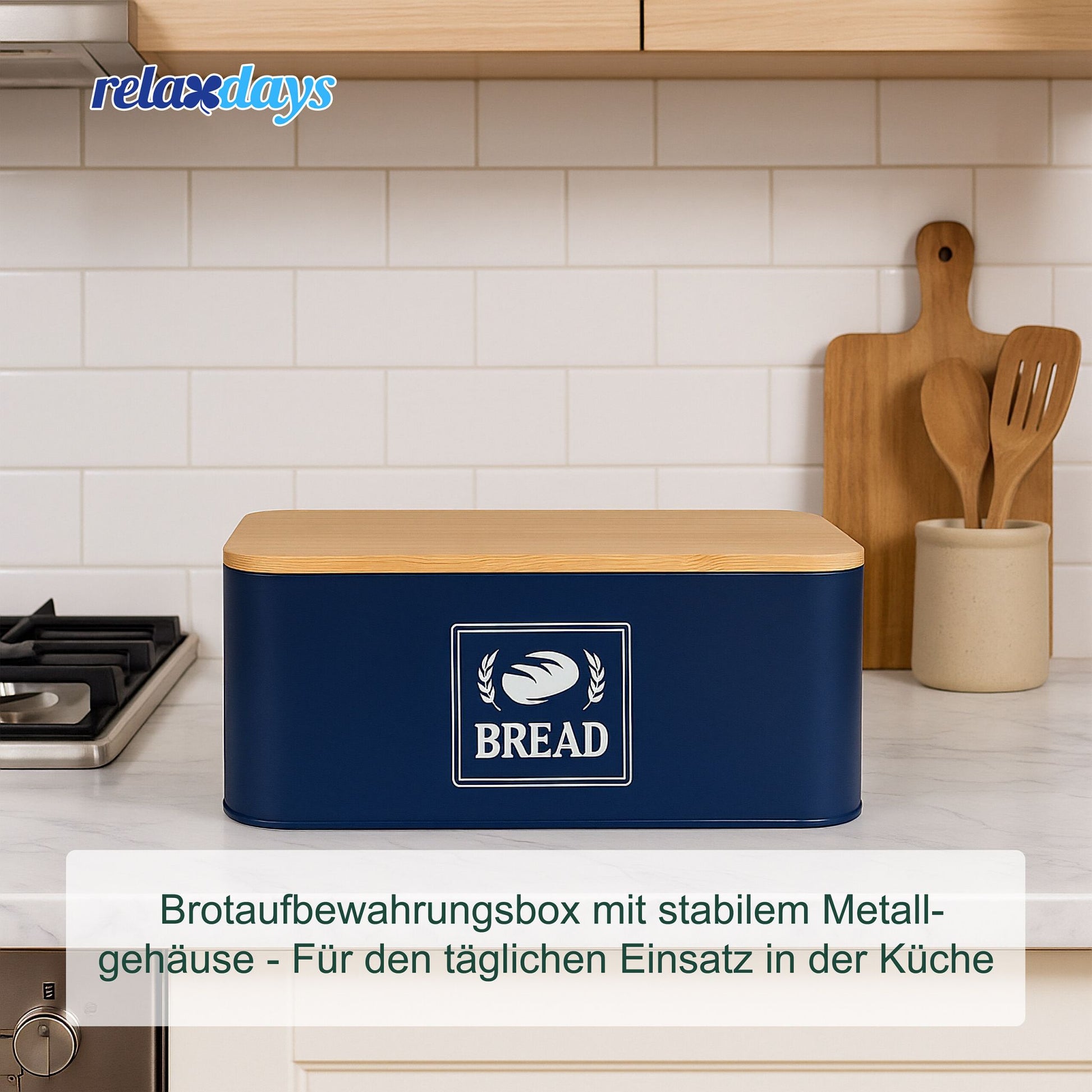 Brotkasten mit Bambusdeckel Retro-Design Weiss-Dunkelblau-Hellbraun von Relaxdays