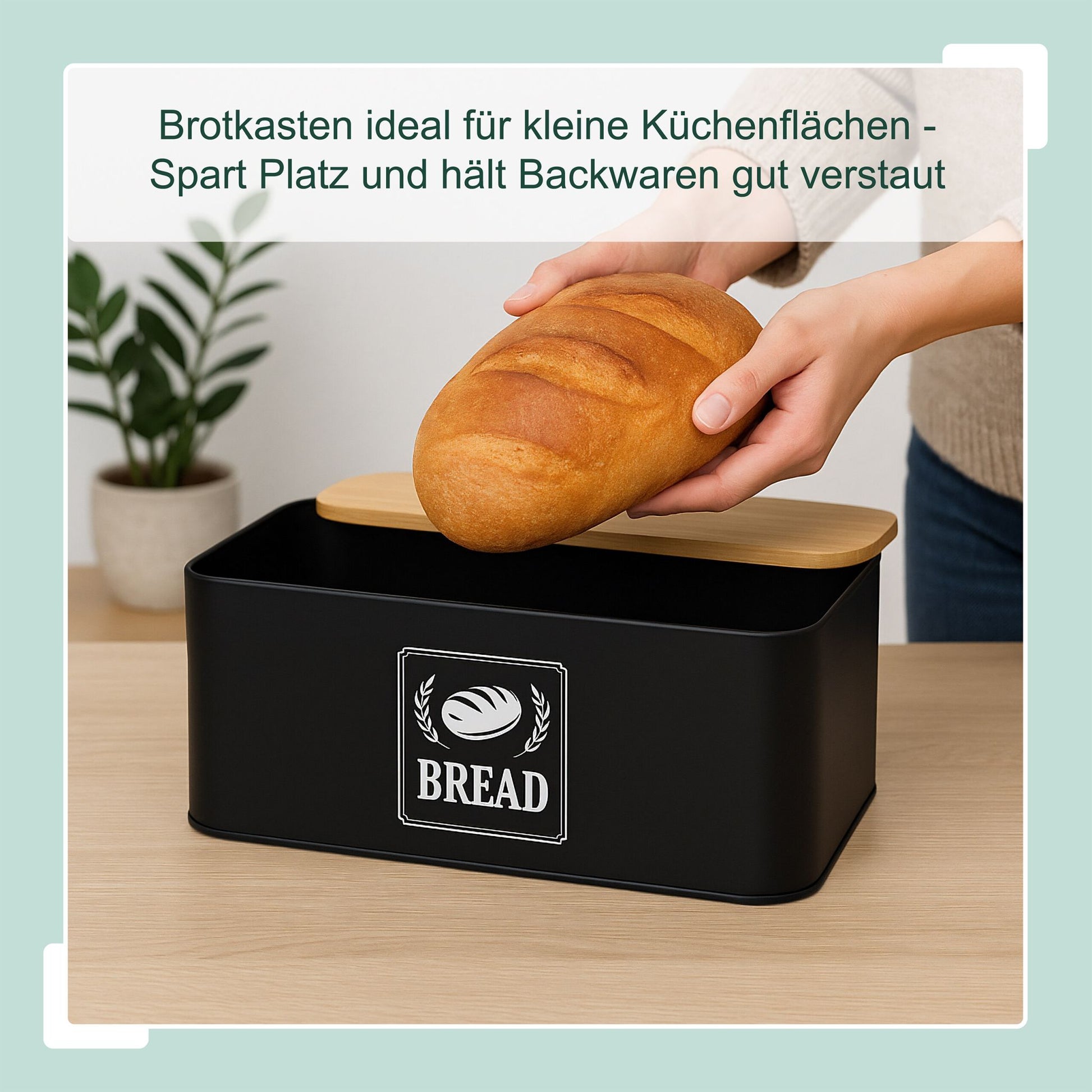 Brotkasten mit Bambusdeckel Retro-Design Weiss-Dunkelblau-Hellbraun von Relaxdays