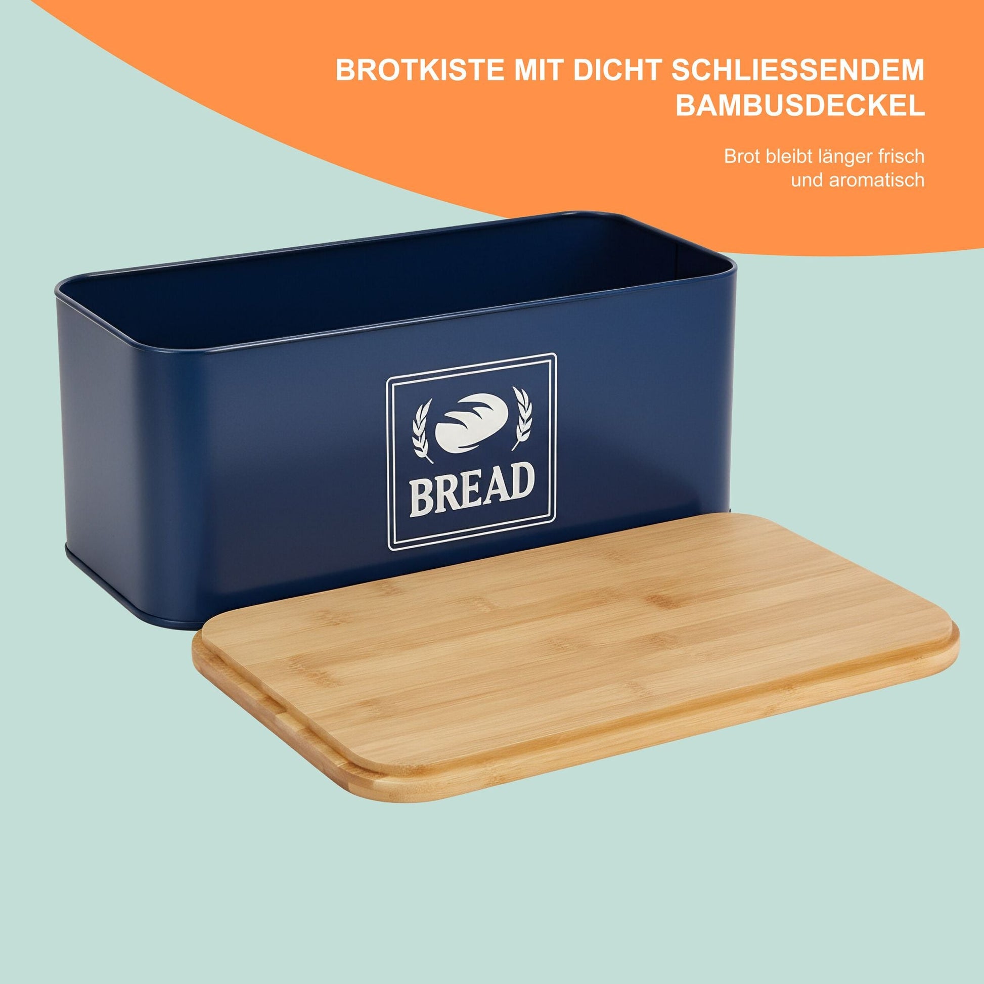 Brotkasten mit Bambusdeckel Retro-Design Weiss-Dunkelblau-Hellbraun von Relaxdays