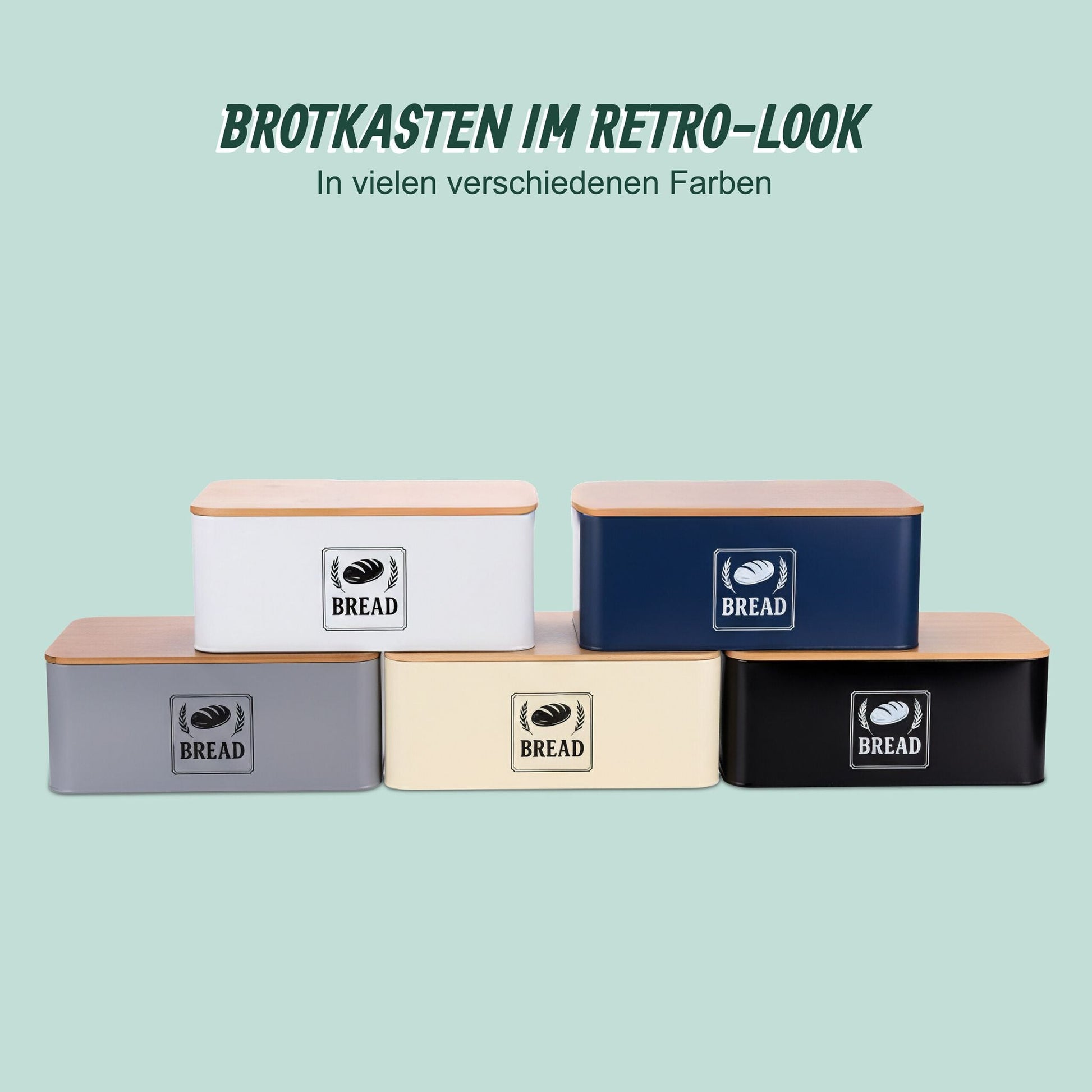 Brotkasten mit Bambusdeckel Retro-Design Weiss-Dunkelblau-Hellbraun von Relaxdays