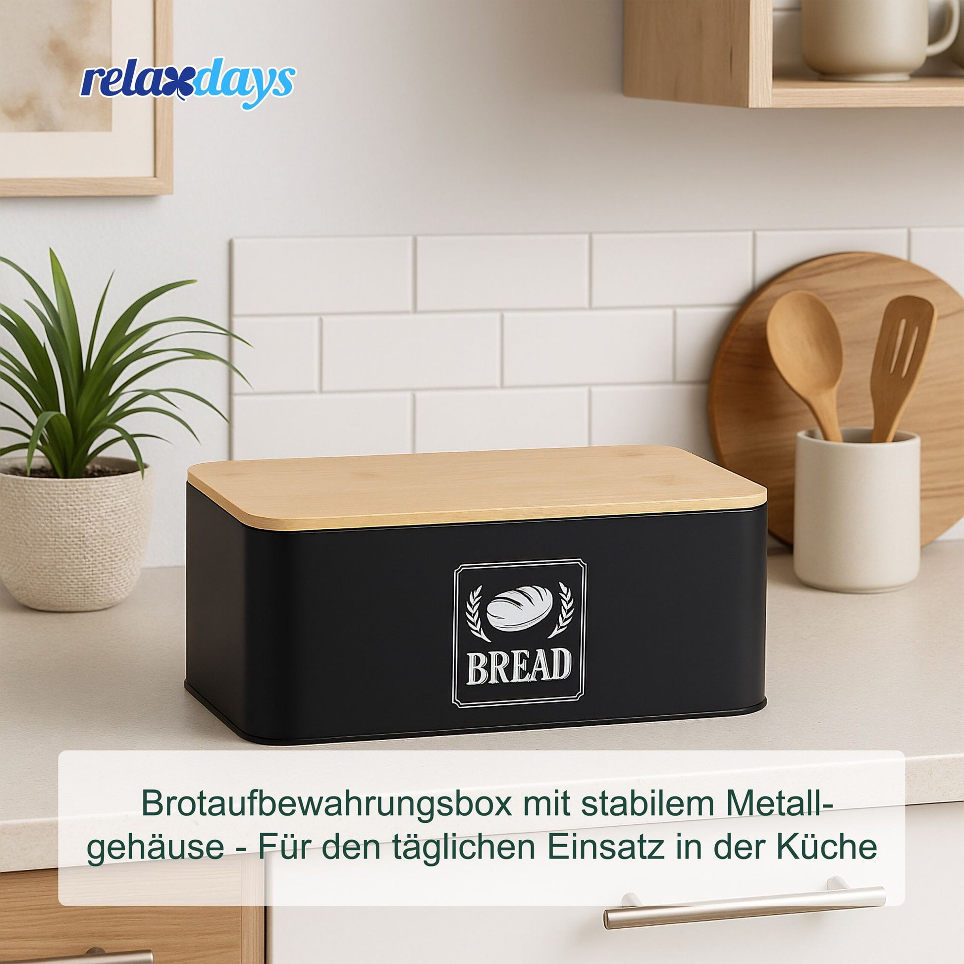 Brotkasten mit Bambusdeckel Retro-Design Weiss-Hellbraun-Schwarz von Relaxdays