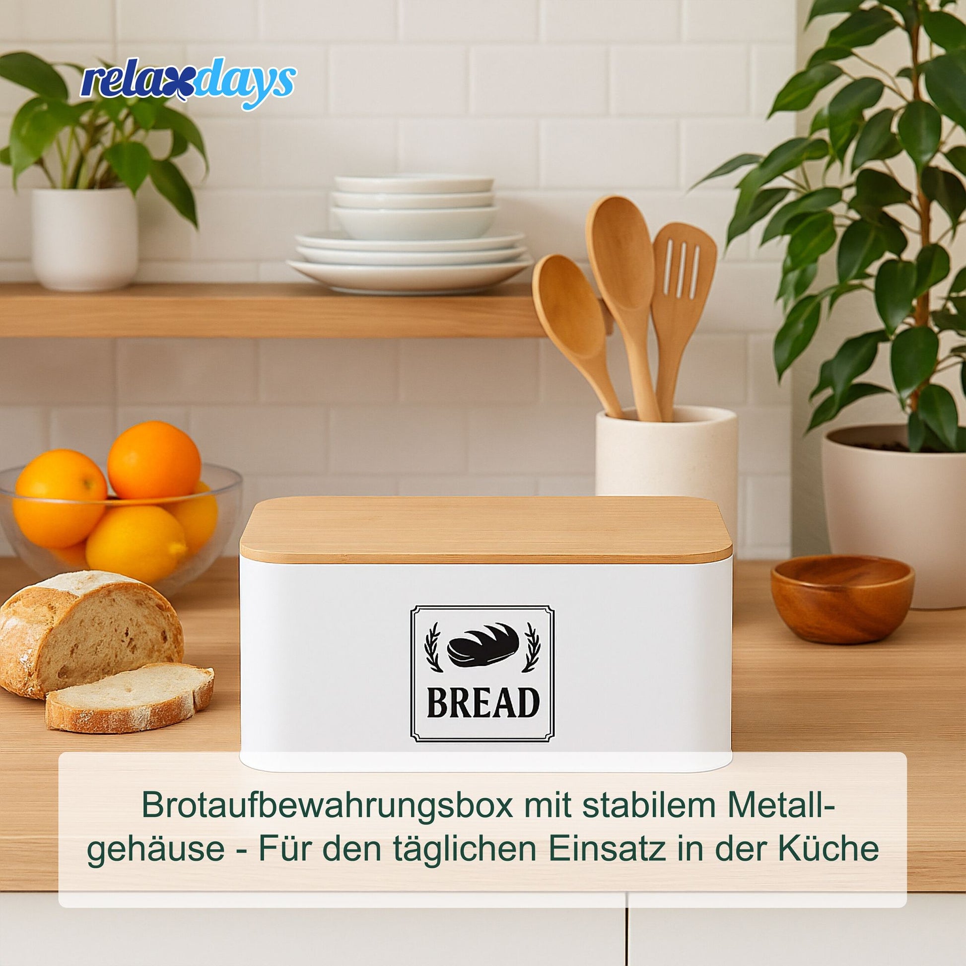 Brotkasten mit Bambusdeckel Retro-Design Weiss-Hellbraun-Schwarz von Relaxdays