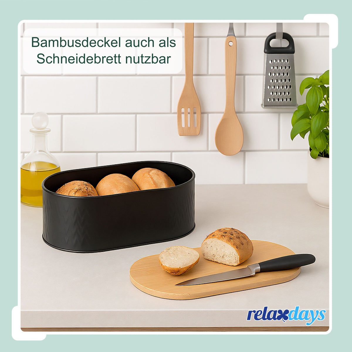 Brotkasten mit Schneidebrett Hellbraun-Schwarz von Relaxdays