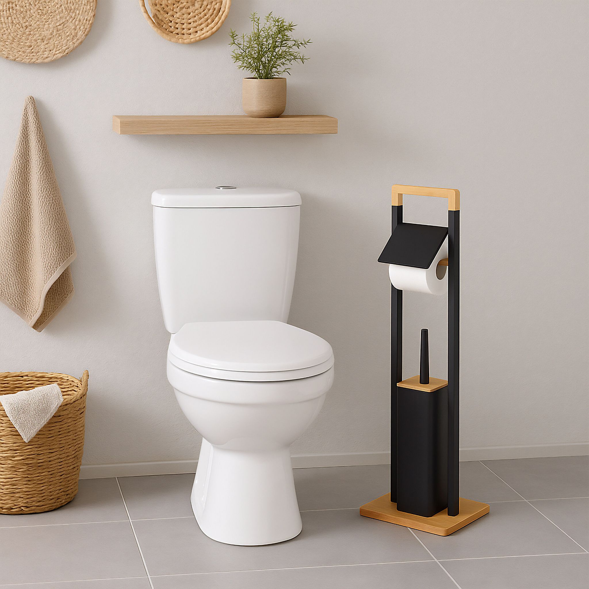 WC Garnitur Edelstahl & Bambus Hellbraun-Schwarz