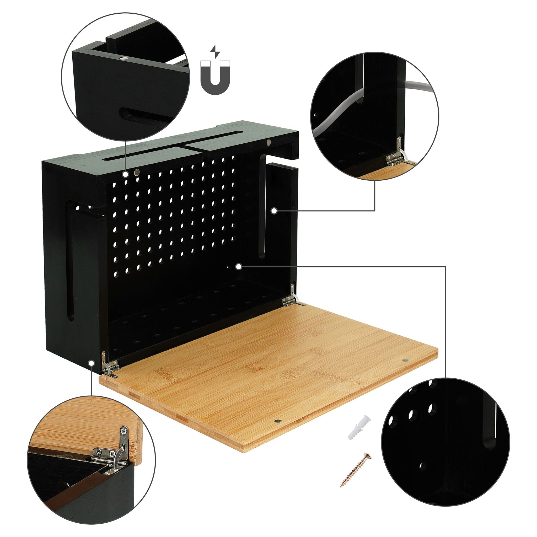Kabelbox mit Magnetdeckel Bambus Hellbraun-Schwarz von Relaxdays