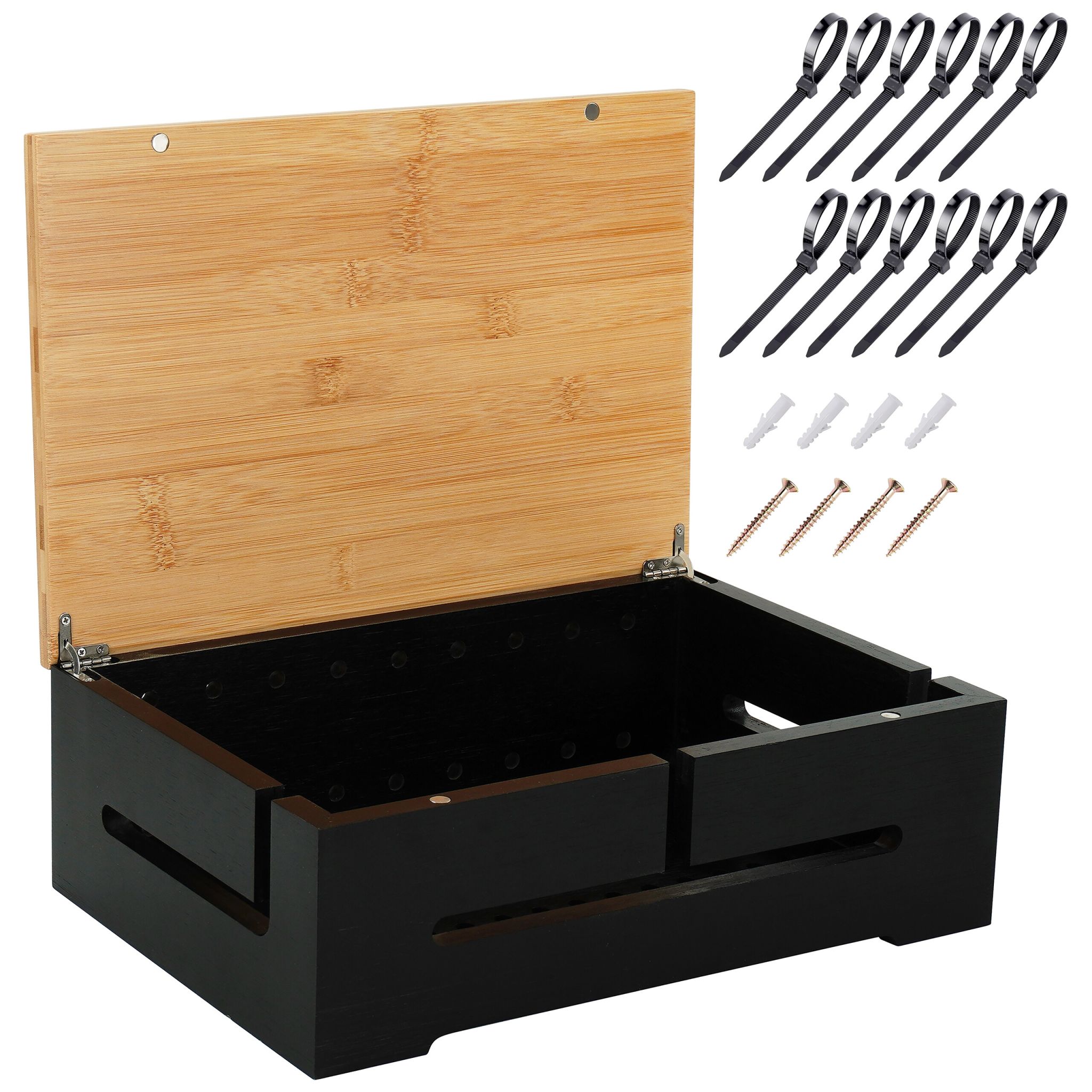 Kabelbox mit Magnetdeckel Bambus Hellbraun-Schwarz von Relaxdays