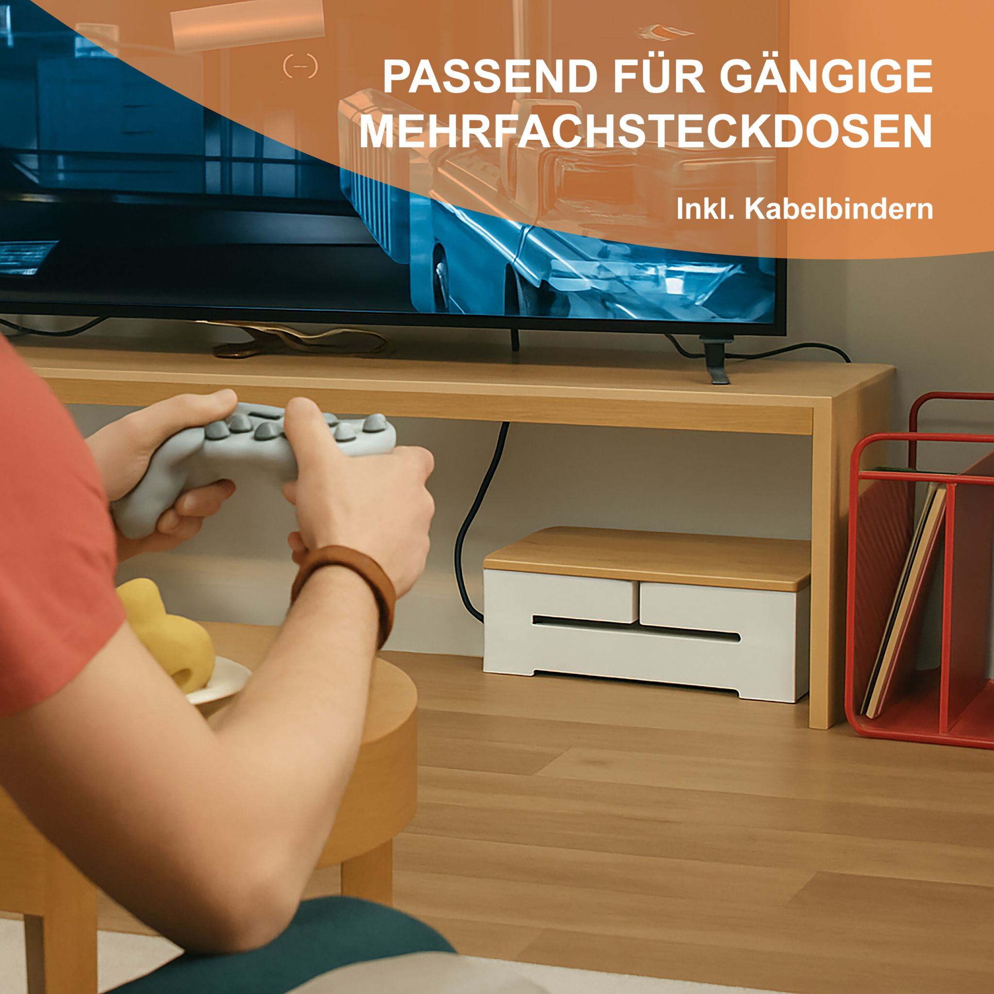 Kabelbox mit Magnetdeckel Bambus Weiss-Hellbraun von Relaxdays