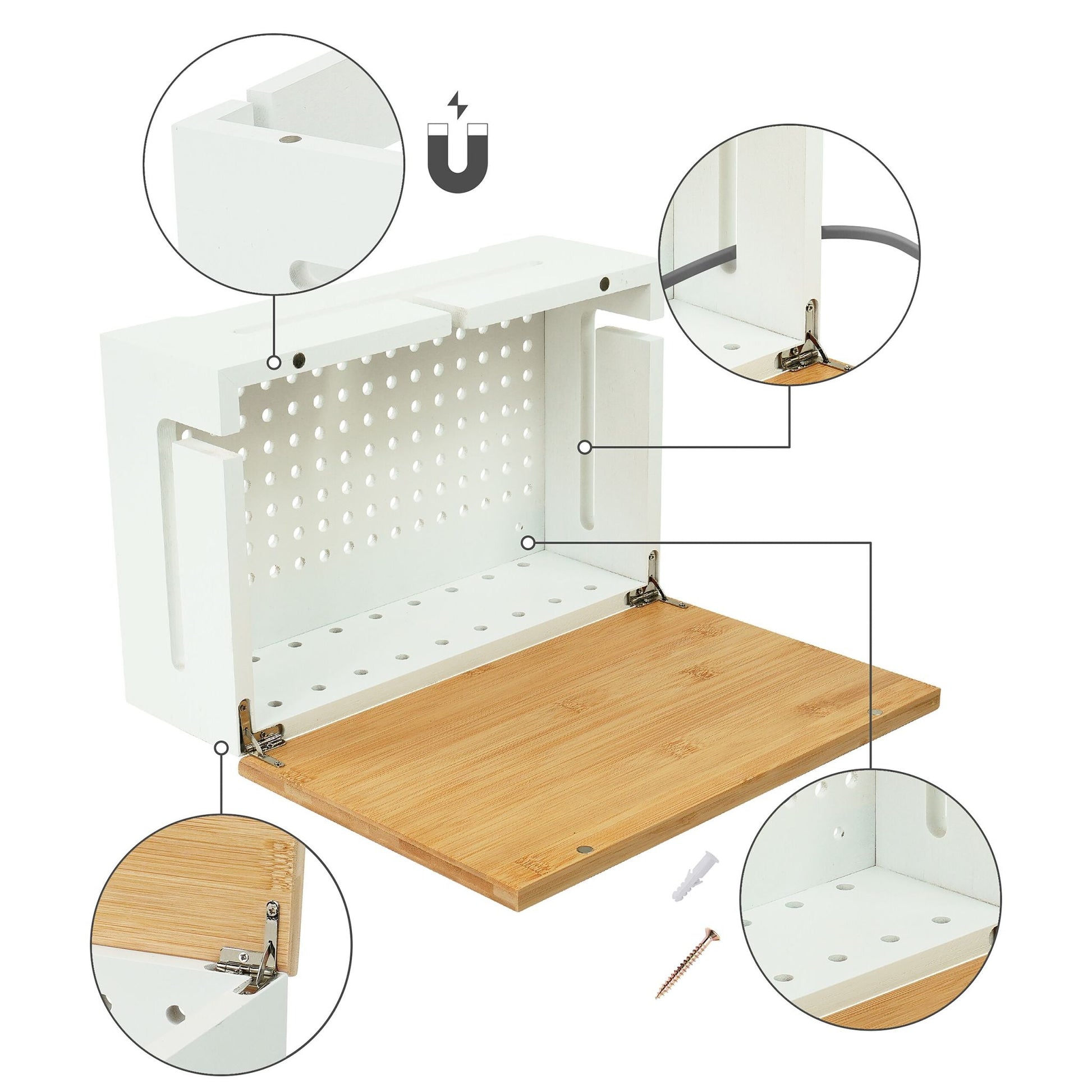 Kabelbox mit Magnetdeckel Bambus Weiss-Hellbraun von Relaxdays