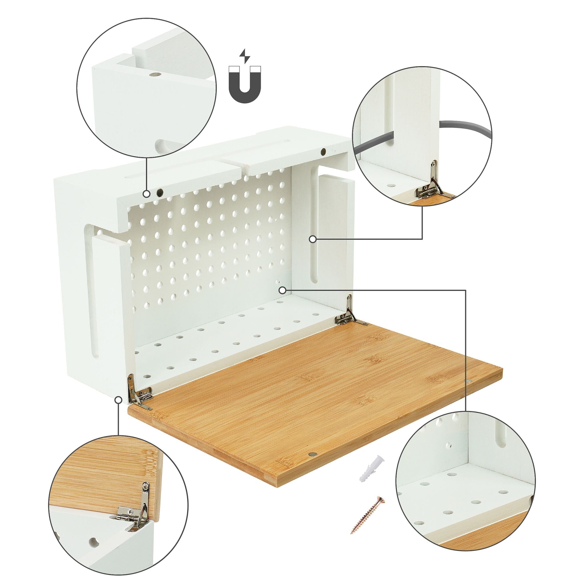 Kabelbox mit Magnetdeckel Bambus Weiss-Hellbraun von Relaxdays
