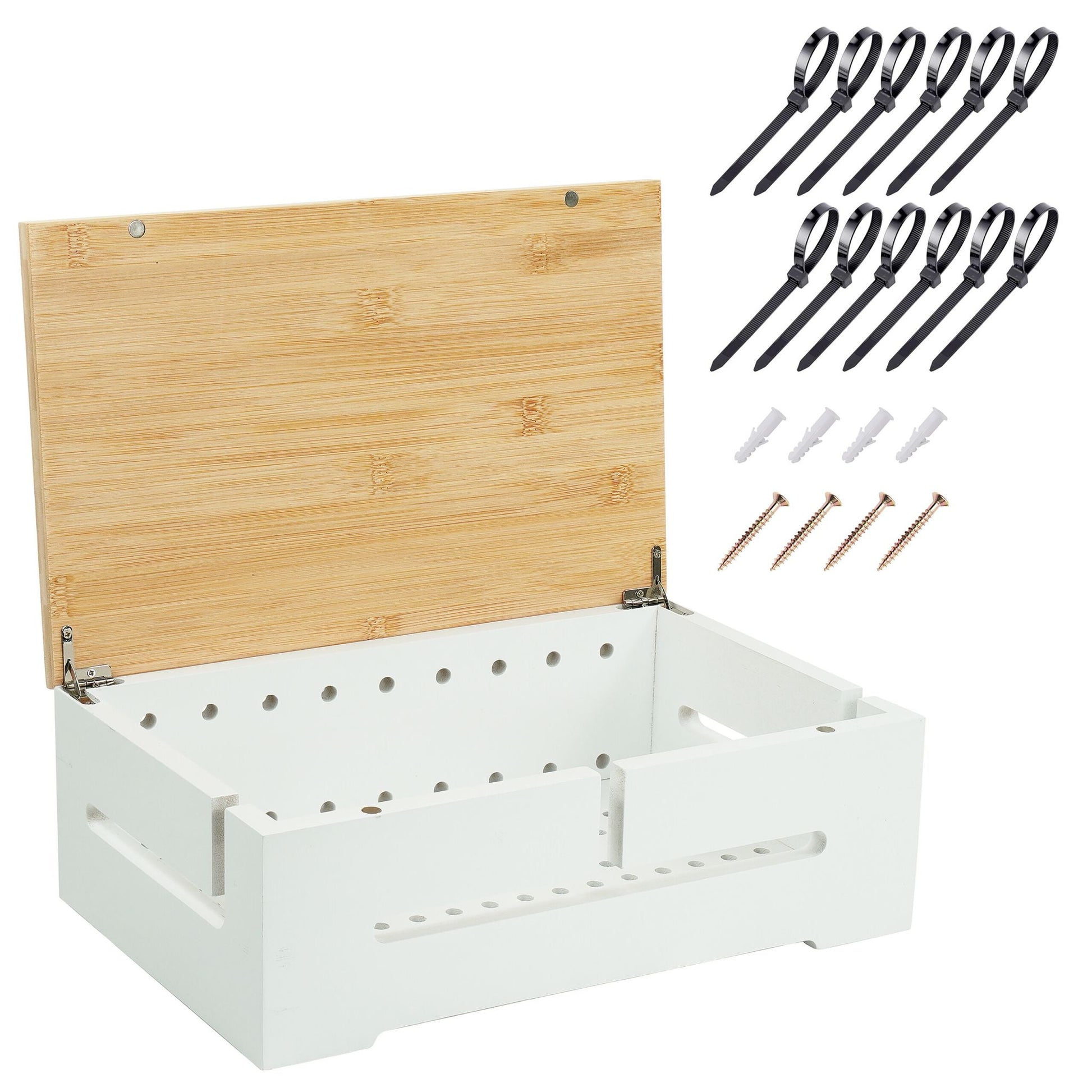 Kabelbox mit Magnetdeckel Bambus Weiss-Hellbraun von Relaxdays